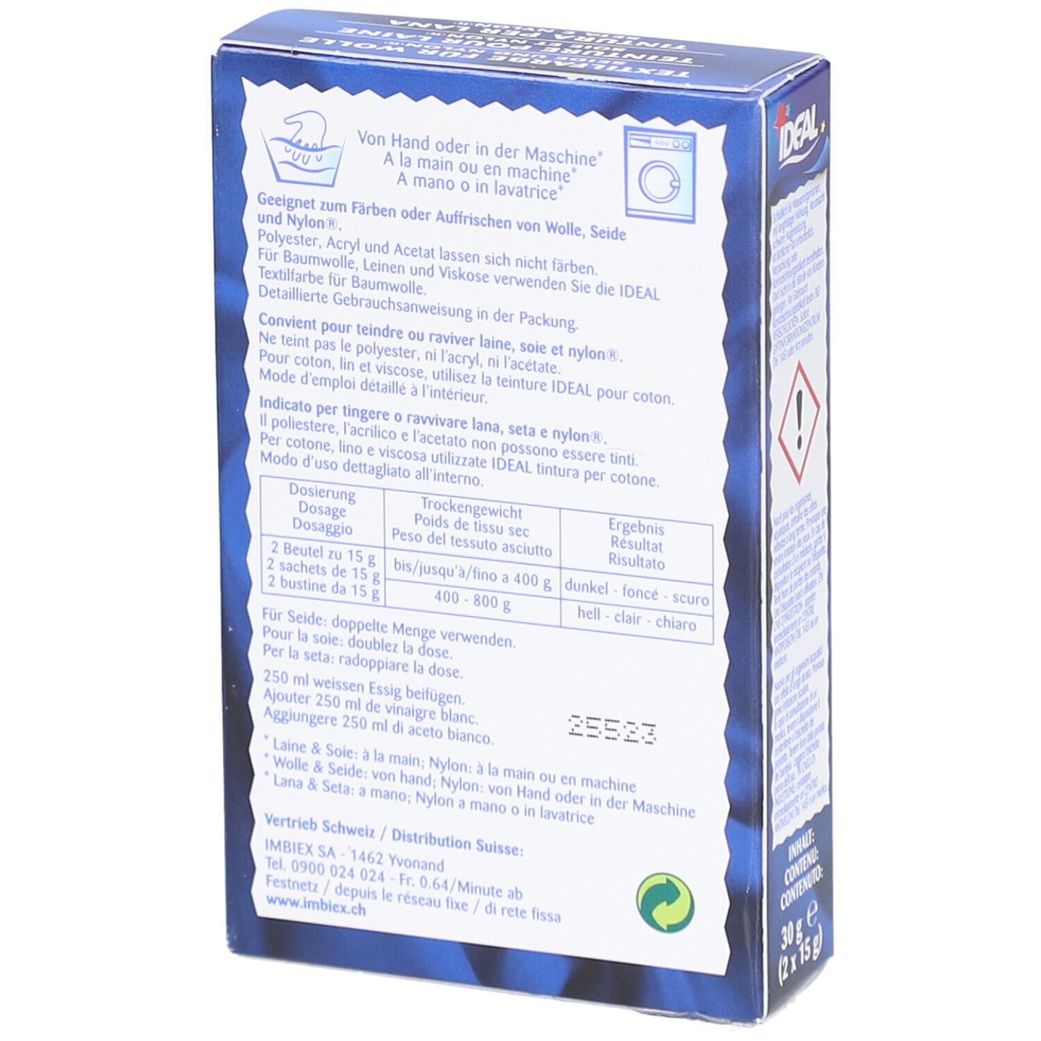 Dos de l'emballage de teinture IDEAL. Texte sur l'utilisation et le dosage. Symbole de machine à laver.