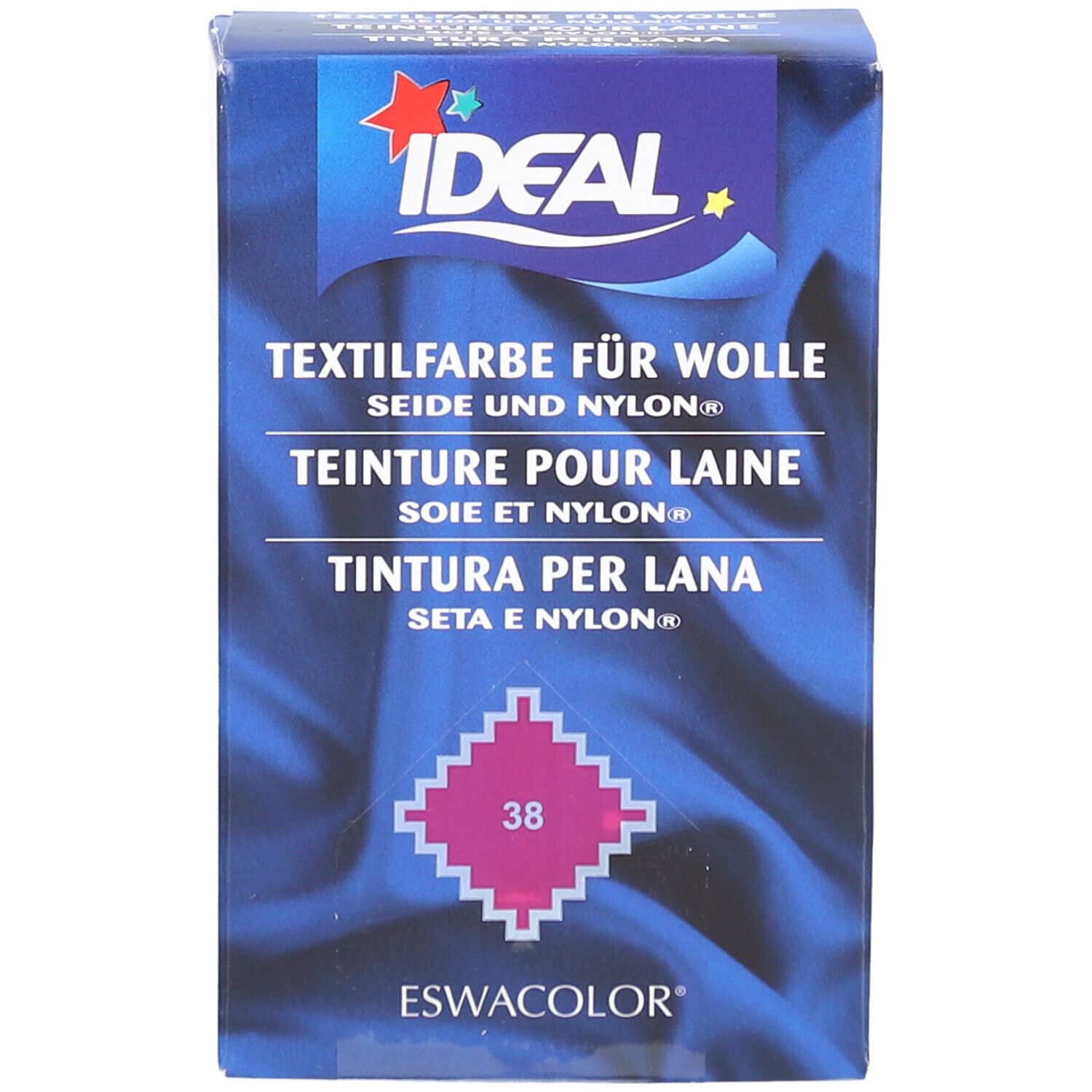 Emballage de teinture IDEAL. Teinte fuchsia 38. Nom et logo du produit. Fond avec motif de tissu.
