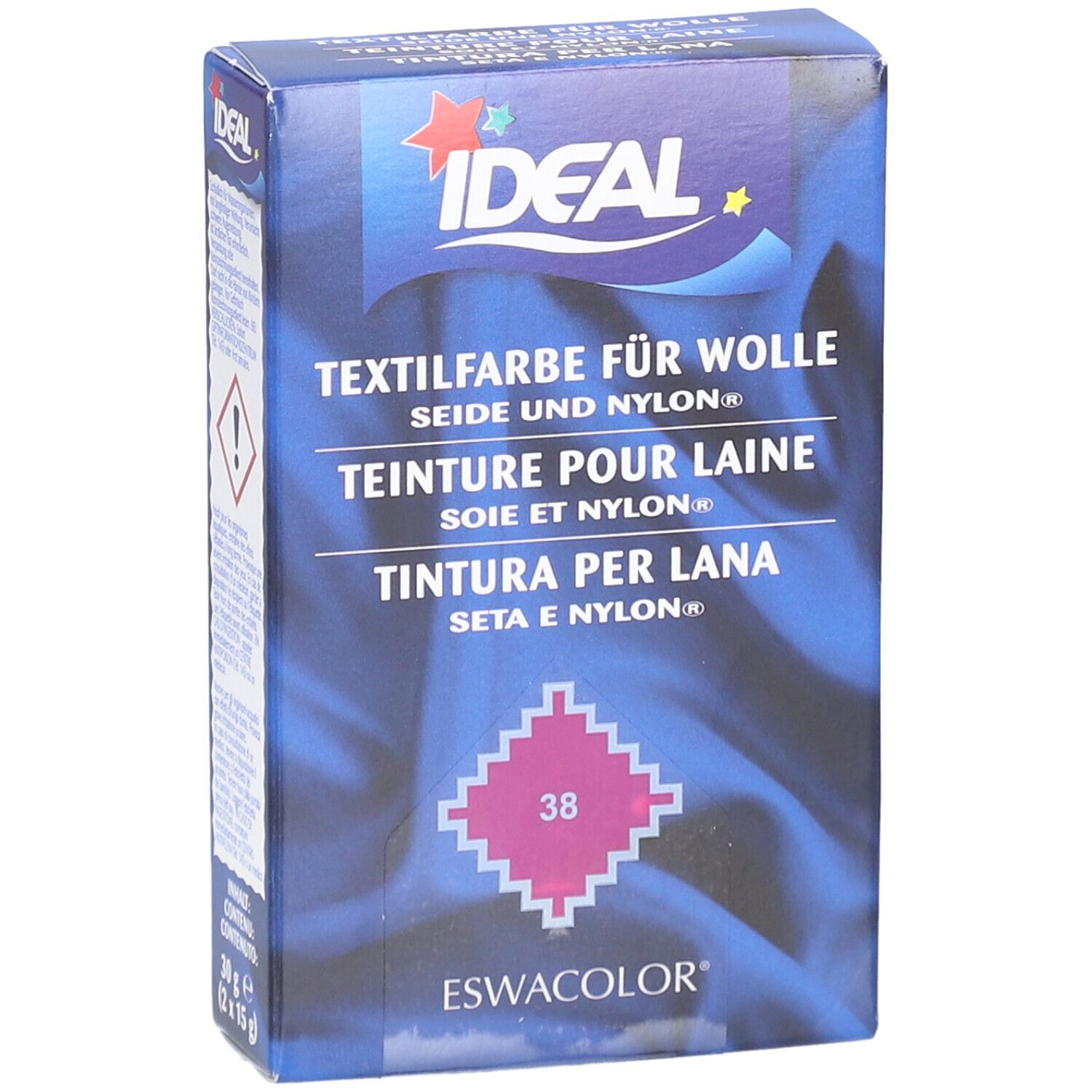 Emballage de teinture IDEAL. Teinte fuchsia 38. Nom et logo du produit. Avertissement.