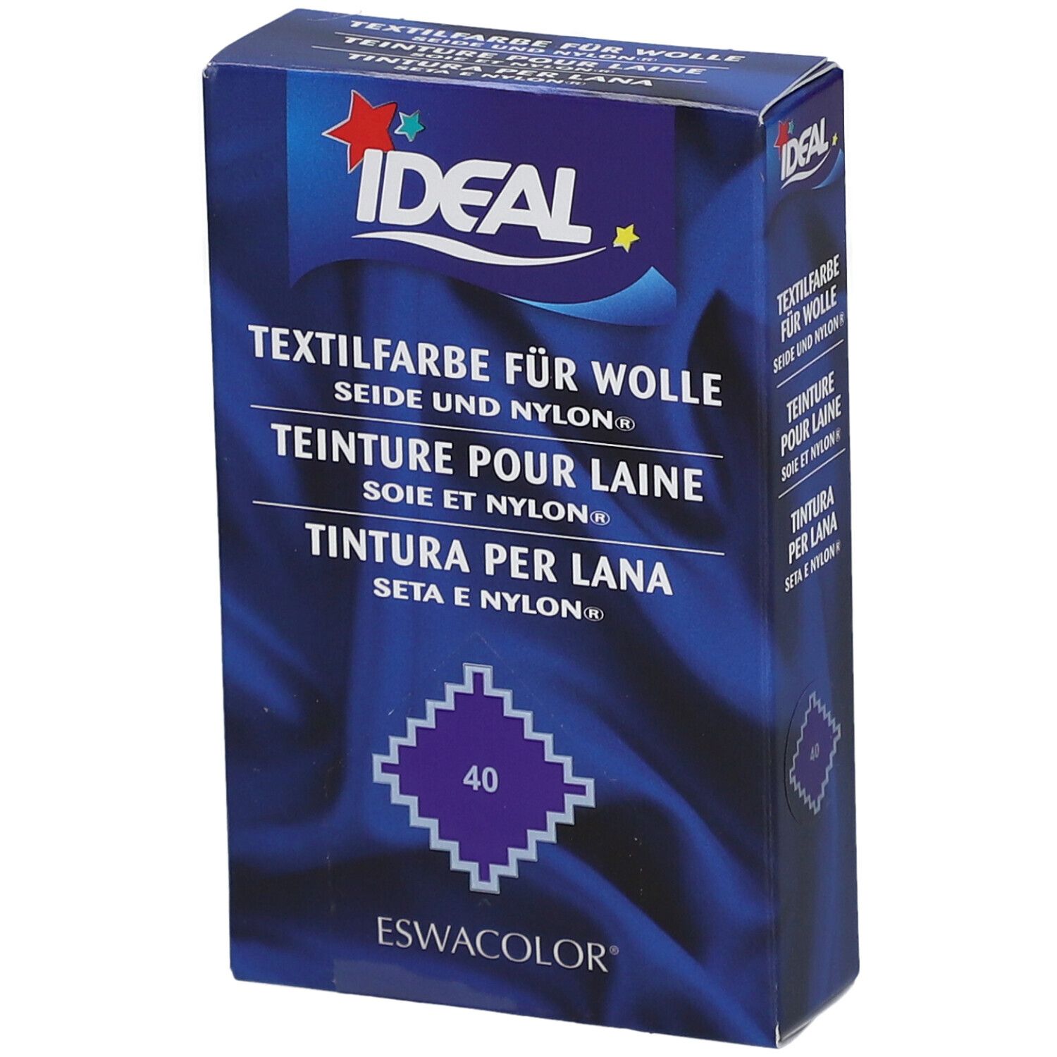 Teinture IDEAL pour laine, soie et nylon. Violet lavande, numéro 40. Emballage rectangulaire.