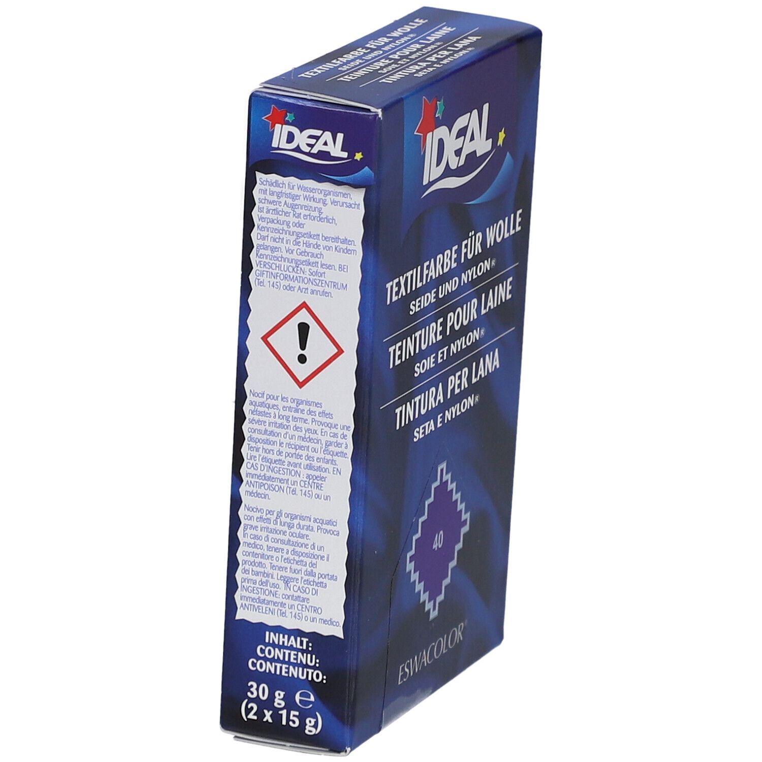 Emballage de teinture IDEAL. Contient 30g (2x15g). Avertissement. Vue latérale de l'emballage.