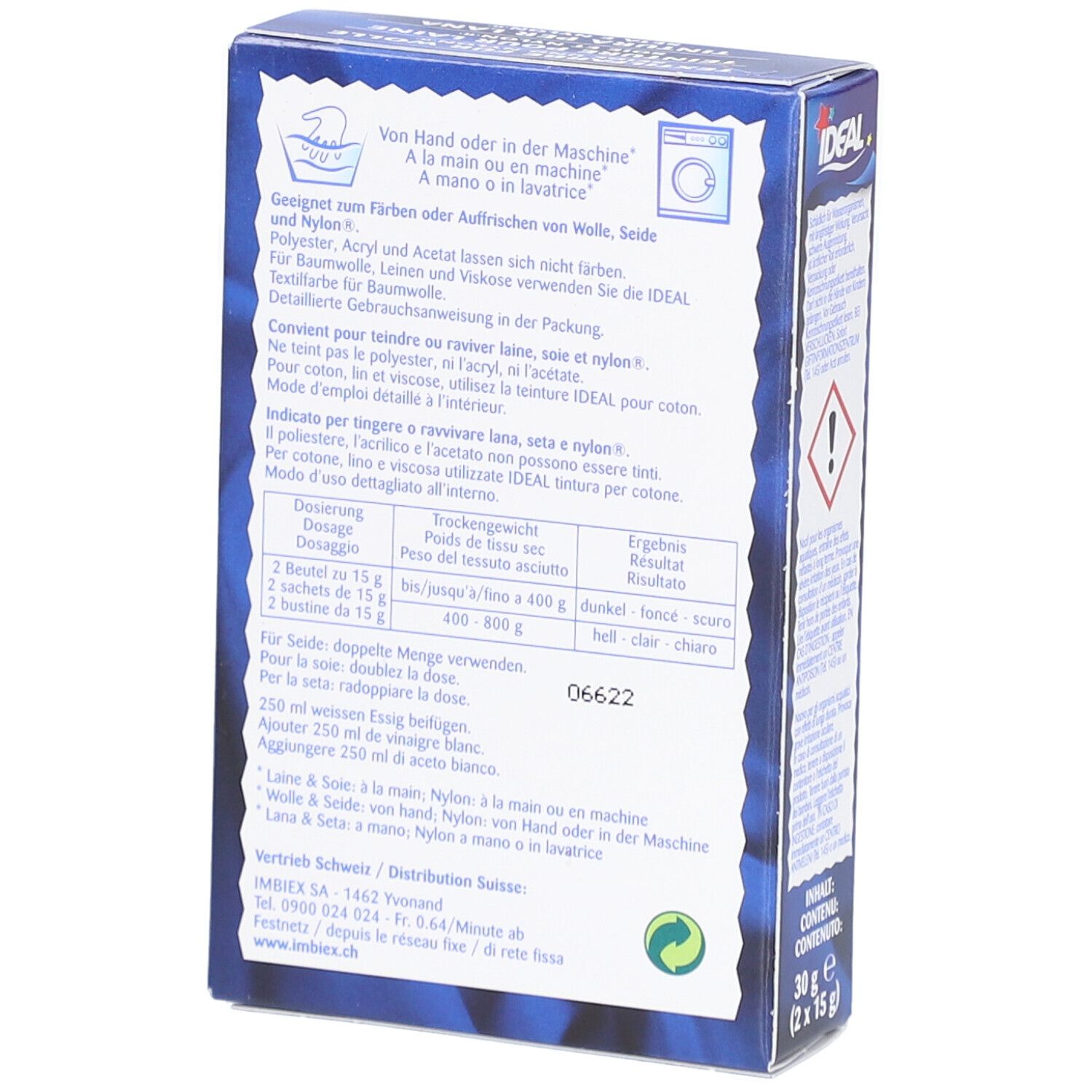 Dos de l'emballage de teinture IDEAL. Informations d'utilisation et de dosage en plusieurs langues.