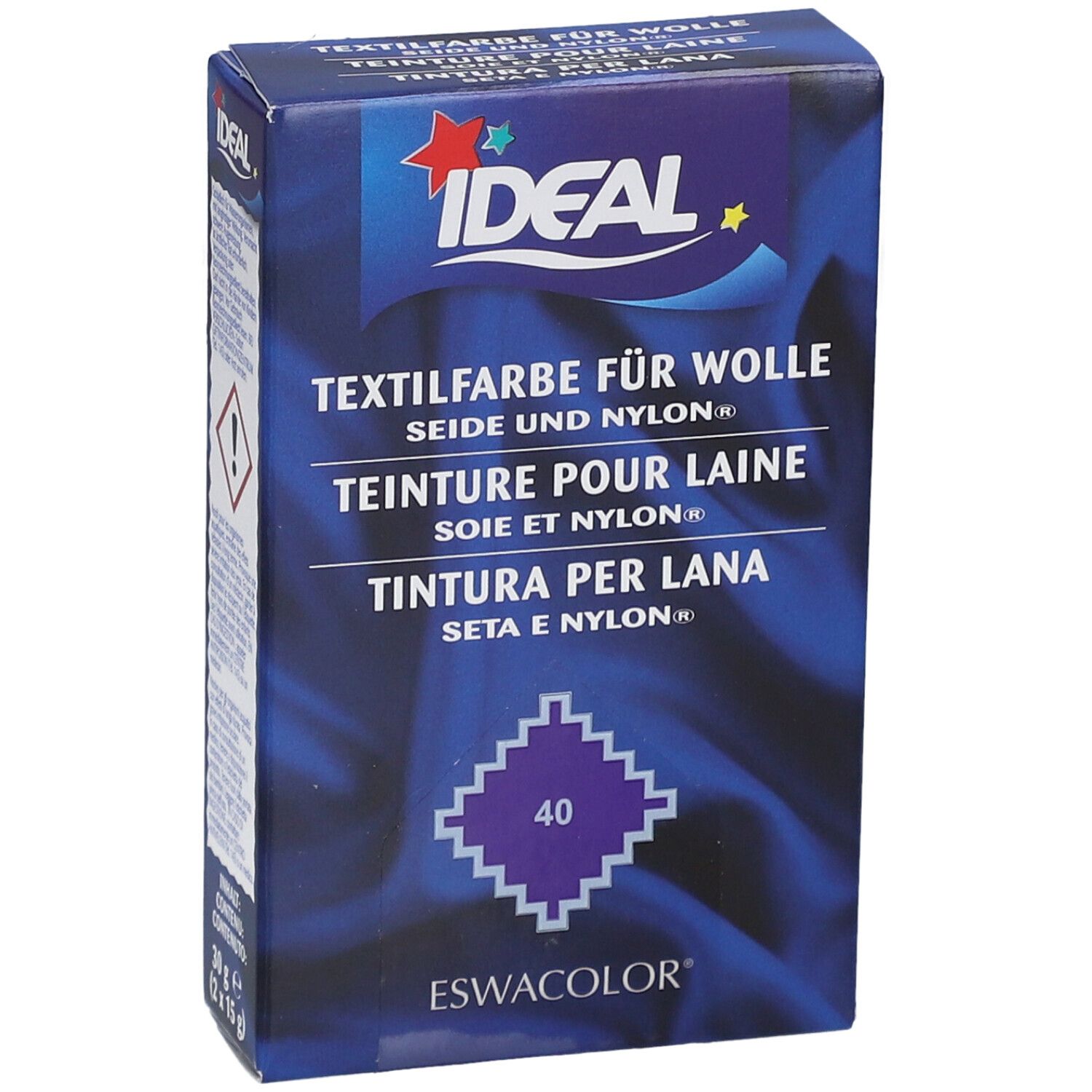 Teinture IDEAL pour laine, soie et nylon. Violet lavande, numéro 40. Emballage.