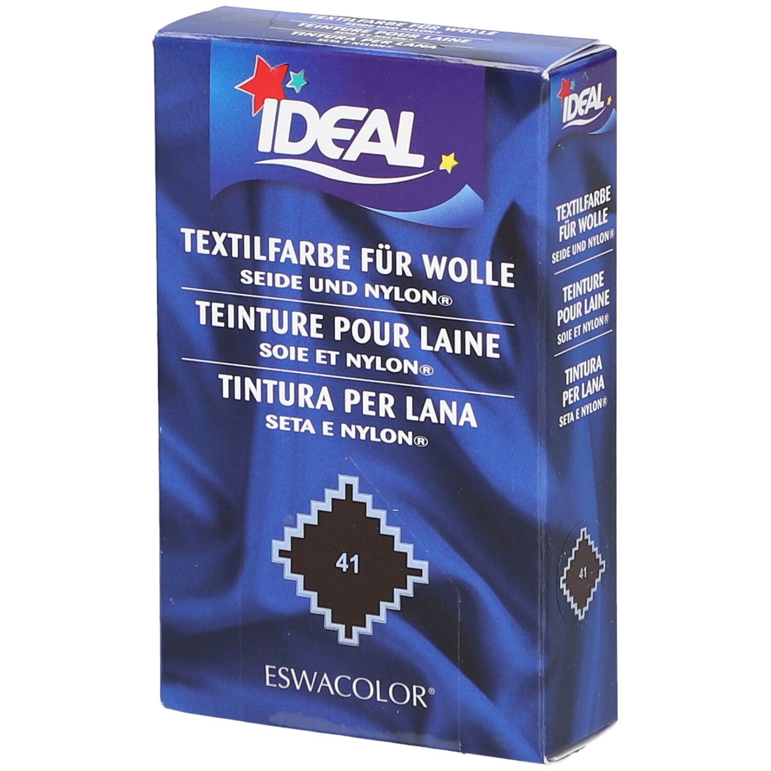 Teinture Ideal pour laine, soie et nylon. Teinte 41. Emballage avec logo et nom du produit. Boîte bleue.