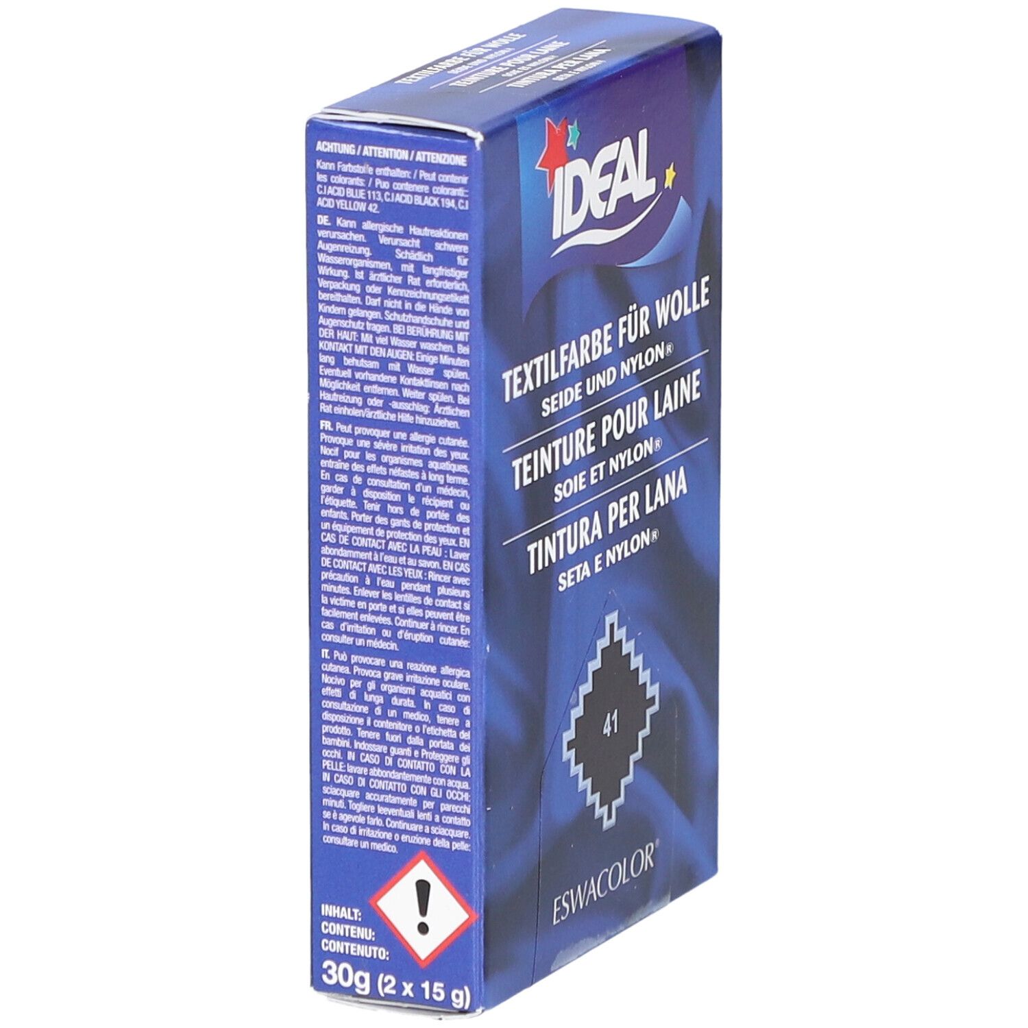 Teinture Ideal. Emballage avec avertissements et contenu. Contient 30g (2x15g). Boîte bleue.
