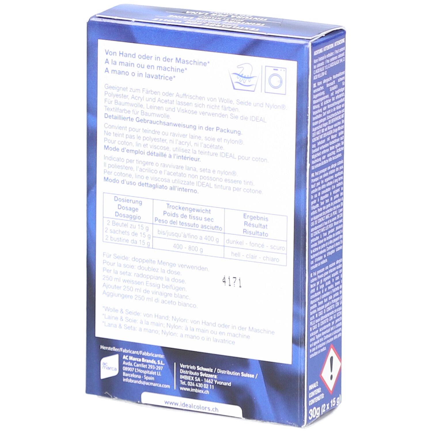 Dos de l'emballage de la teinture Ideal. Contient des informations sur l'utilisation et le dosage. Boîte bleue.