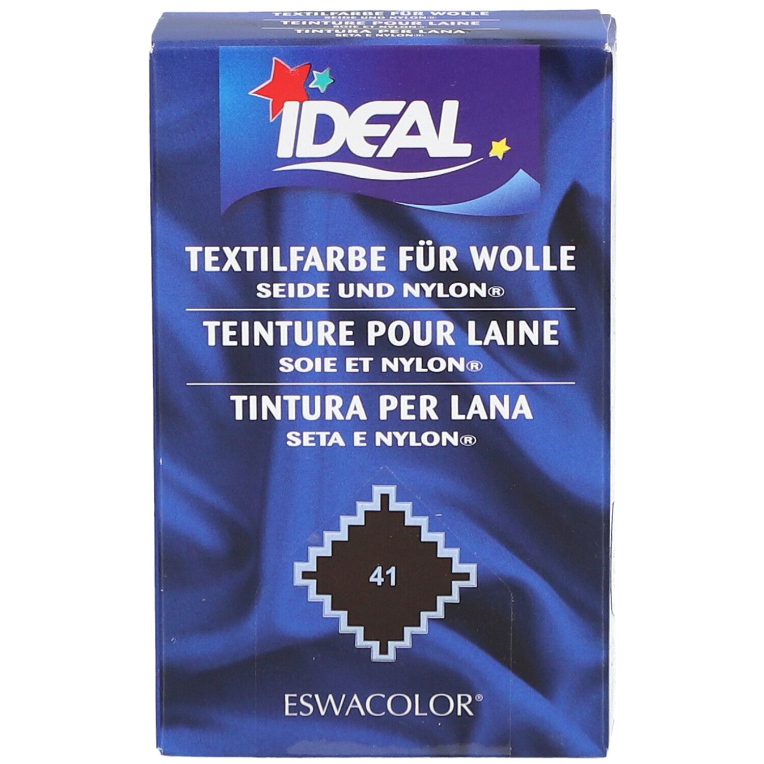 Teinture Ideal pour laine, soie et nylon. Teinte 41. Emballage avec logo et nom du produit. Boîte bleue.