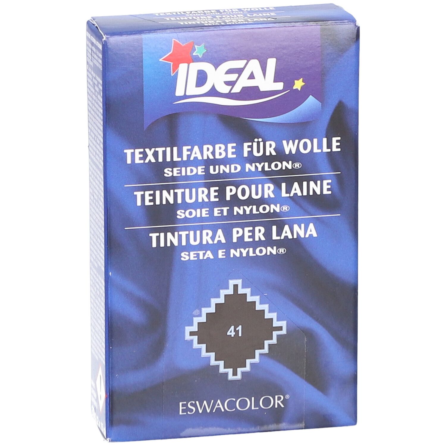 Teinture Ideal pour laine, soie et nylon. Teinte 41. Emballage avec logo et nom du produit. Boîte bleue.