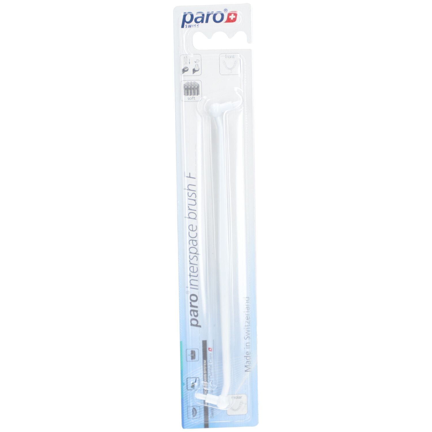 Brosse interdentaire Paro F dans un emballage blister. Manche blanc, tête de brosse coudée. Fabriqué en Suisse.