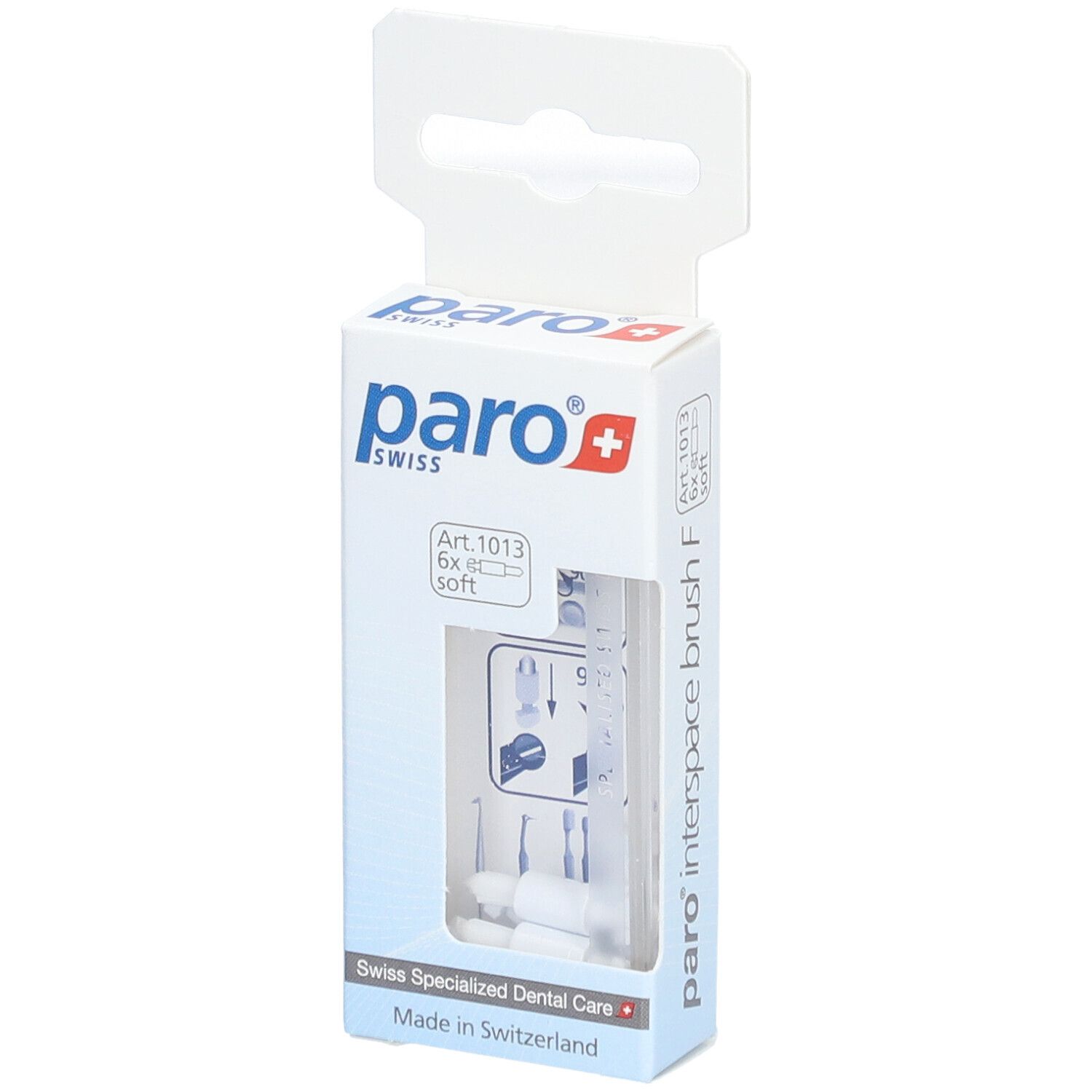 Emballage paro® interspace brush F. Contient 6 brosses. Visible : produit, emballage, logo de la marque, Art. 1013.