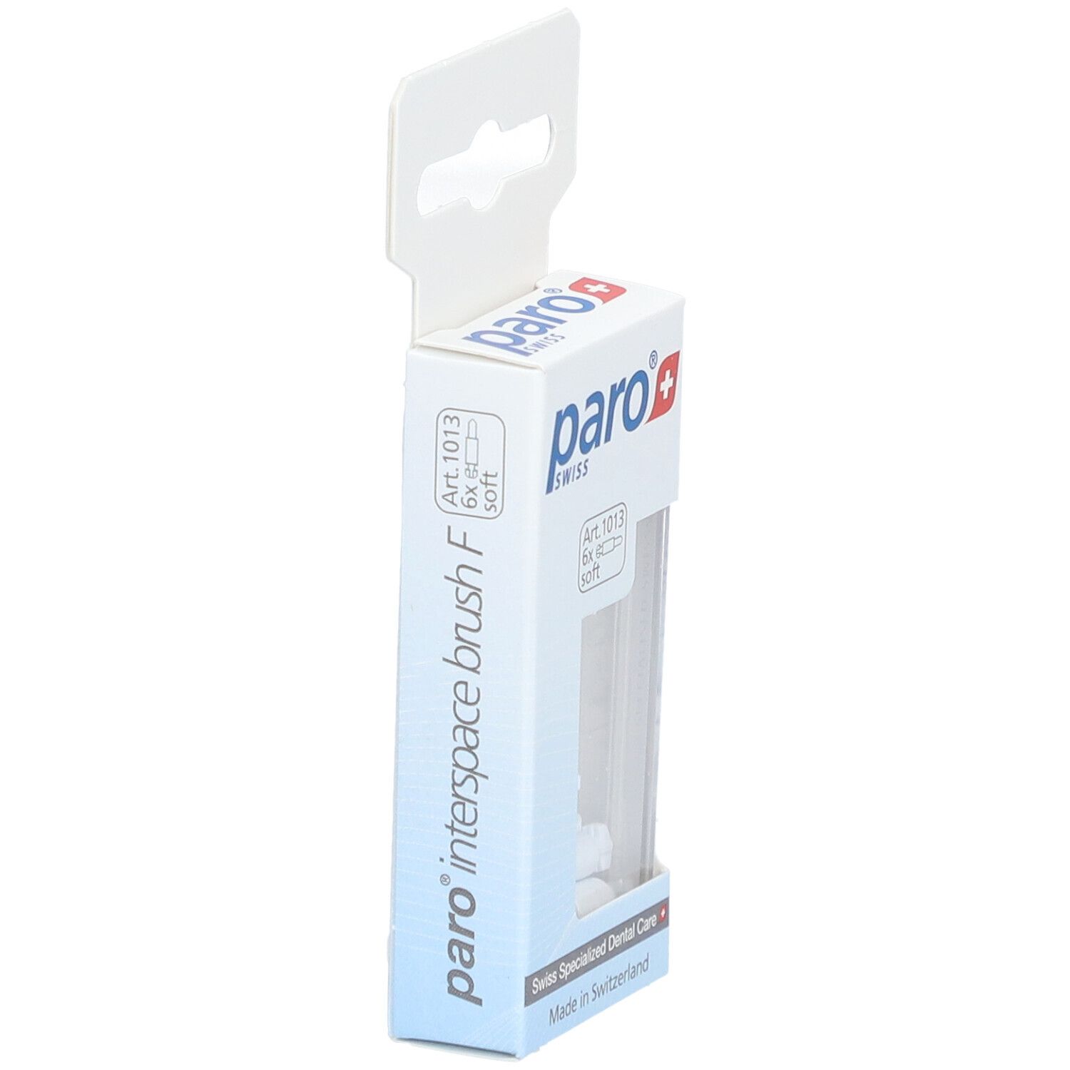 Vue latérale de l'emballage paro® interspace brush F. Contient des brosses. Logo de la marque et nom du produit visibles.