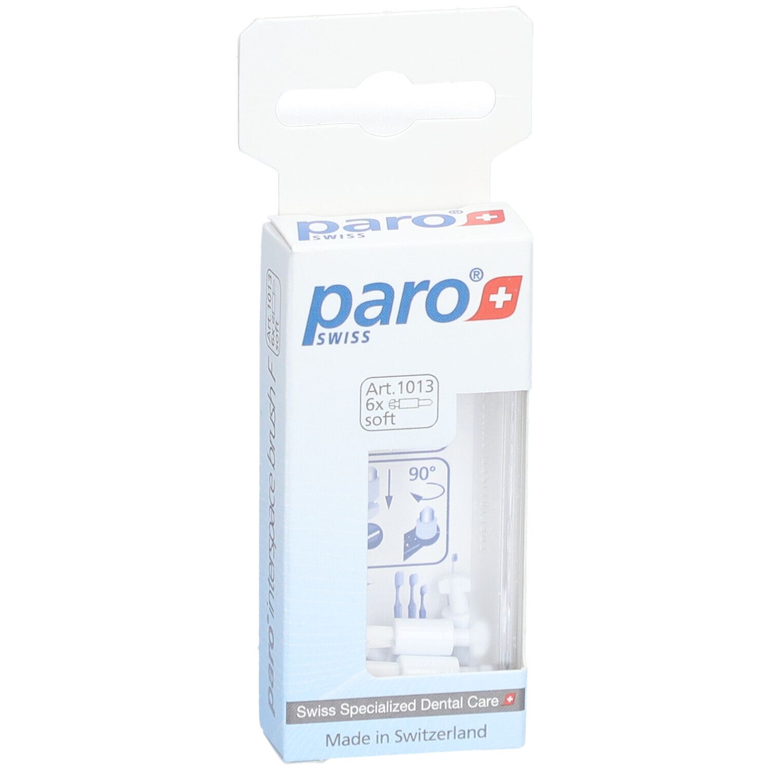 Emballage paro® interspace brush F. Contient 6 brosses. Produit et illustrations visibles. Logo de la marque et Art. 1013.