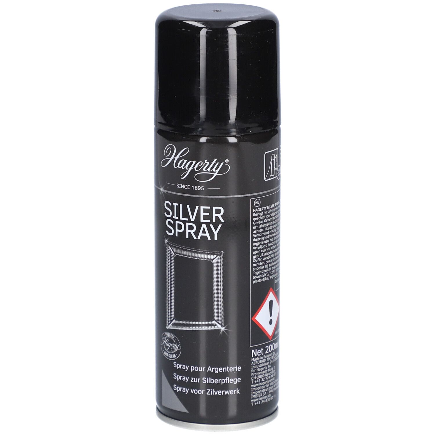 Bombe aérosol noire avec bouchon noir. Inscription "SILVER SPRAY" et logo. Avertissement.