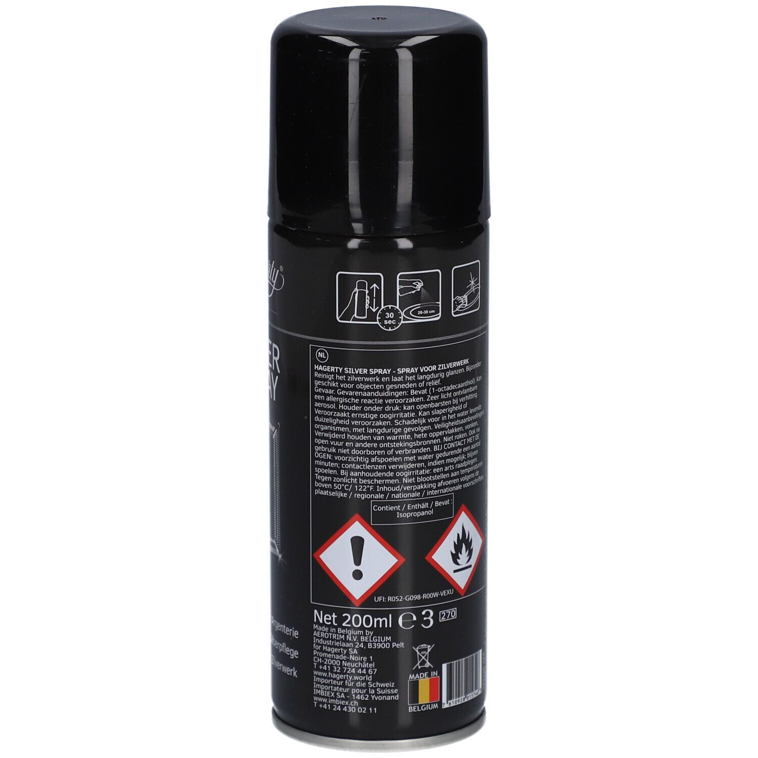 Dos de la bombe aérosol noire. Texte, avertissements, indication de volume 200ml.