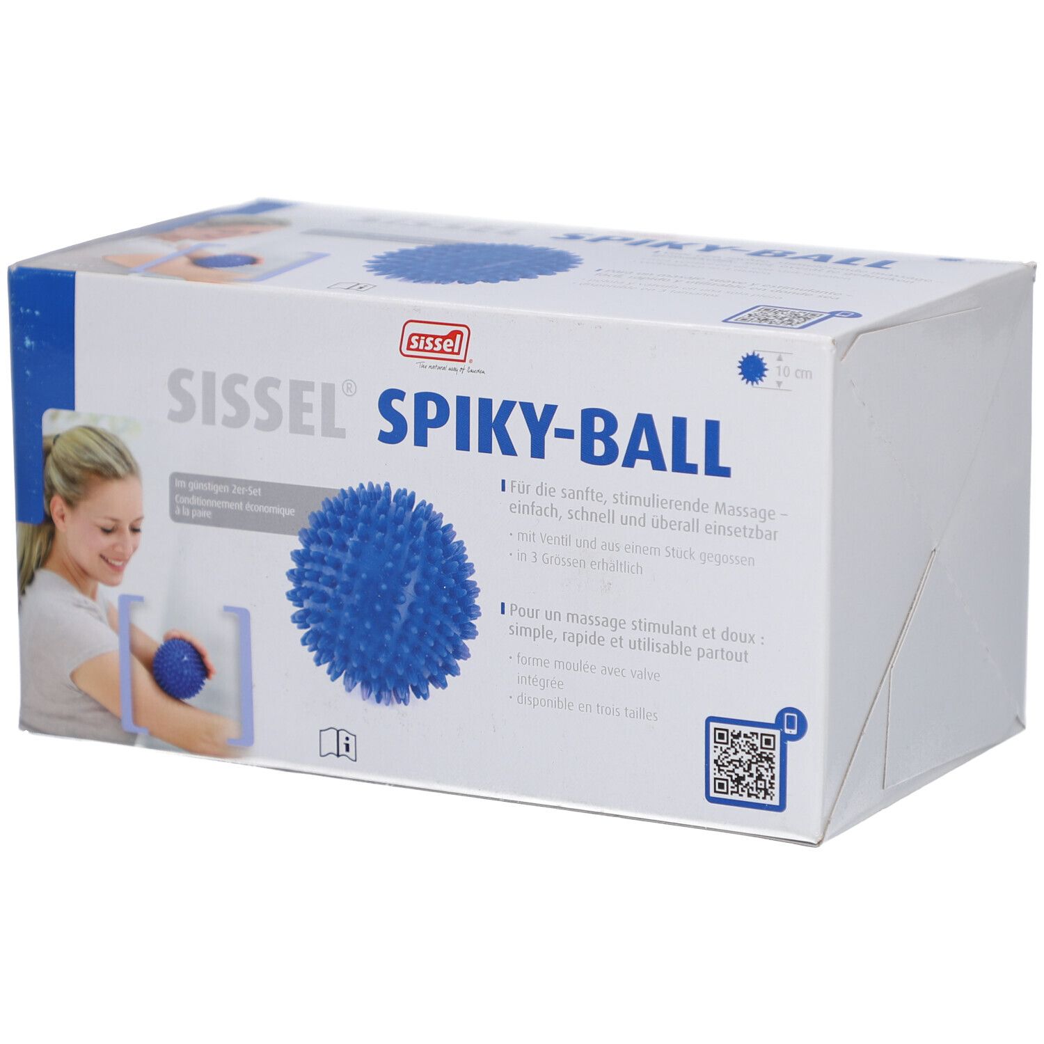 Emballage Sissel® Spiky-Ball. Balle à pointes bleue, nom et logo du produit. Texte en allemand et français. Femme avec balle illustrée.