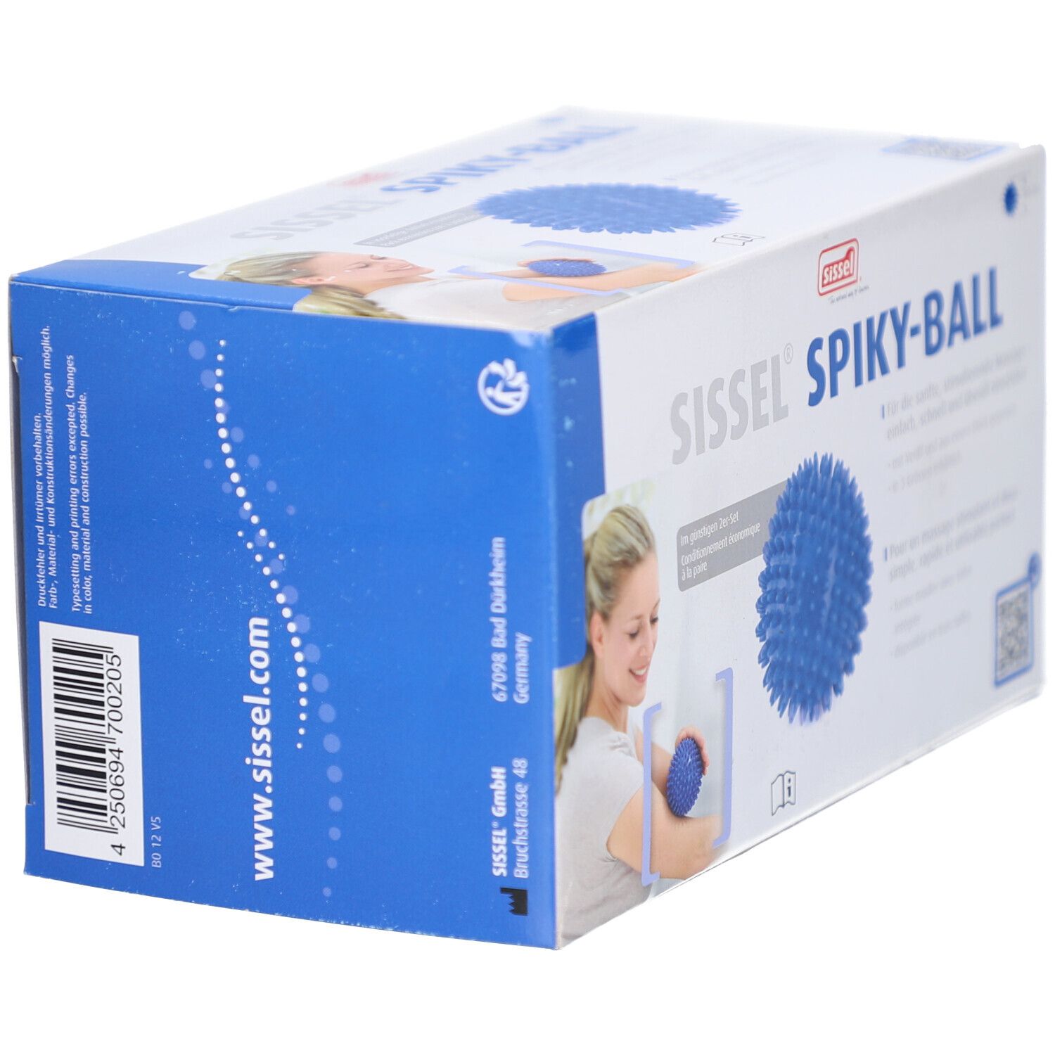 Emballage bleu Sissel® Spiky-Ball. Code-barres, coordonnées et logo. Texte en allemand. Image d'une boule bleue.