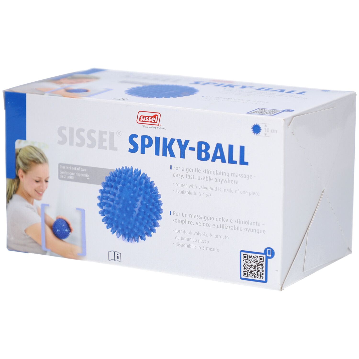 Emballage Sissel® Spiky-Ball. Balle à pointes bleue, nom et logo du produit. Texte en allemand et français. Femme avec balle illustrée.