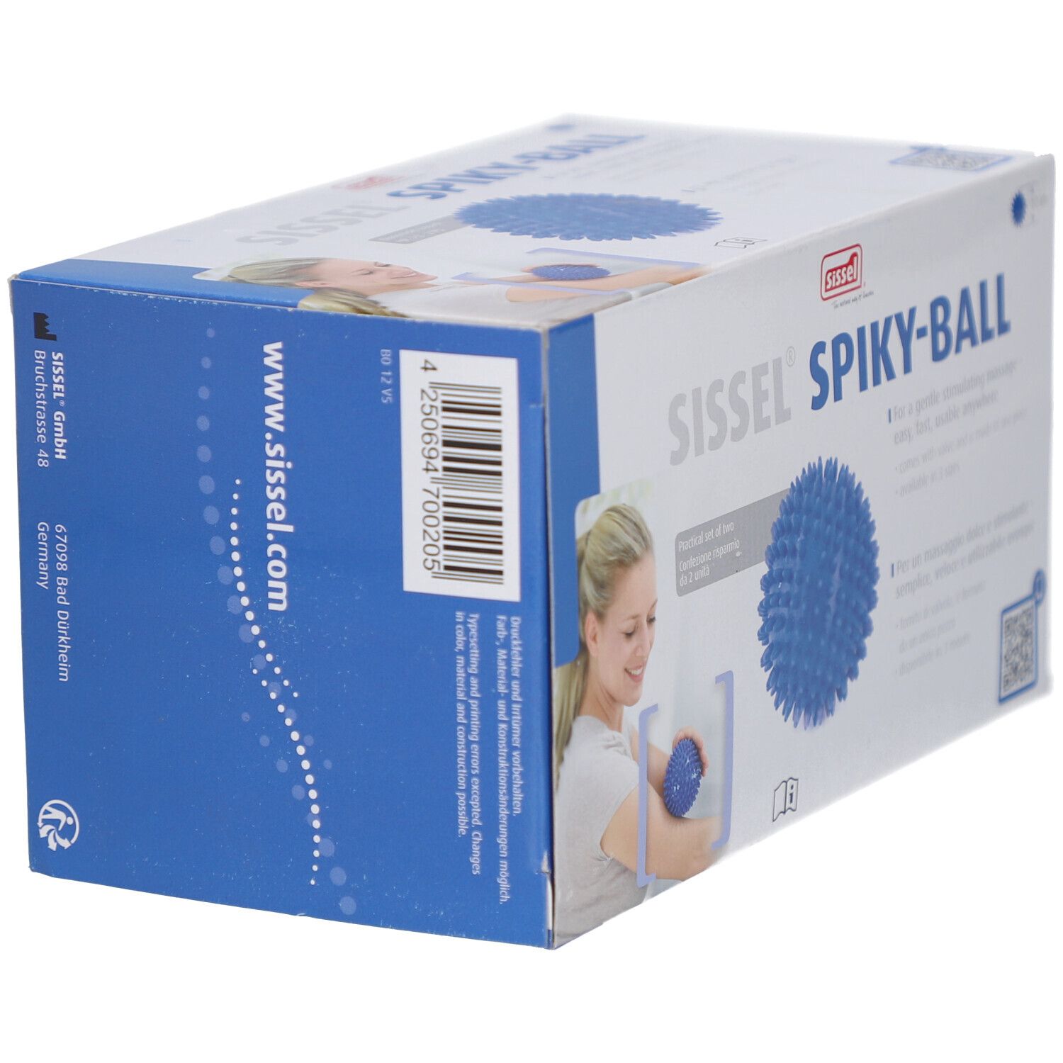 Emballage Sissel® Spiky-Ball. Balle à pointes bleue, nom et logo du produit. Texte en allemand et français. Femme avec balle illustrée.