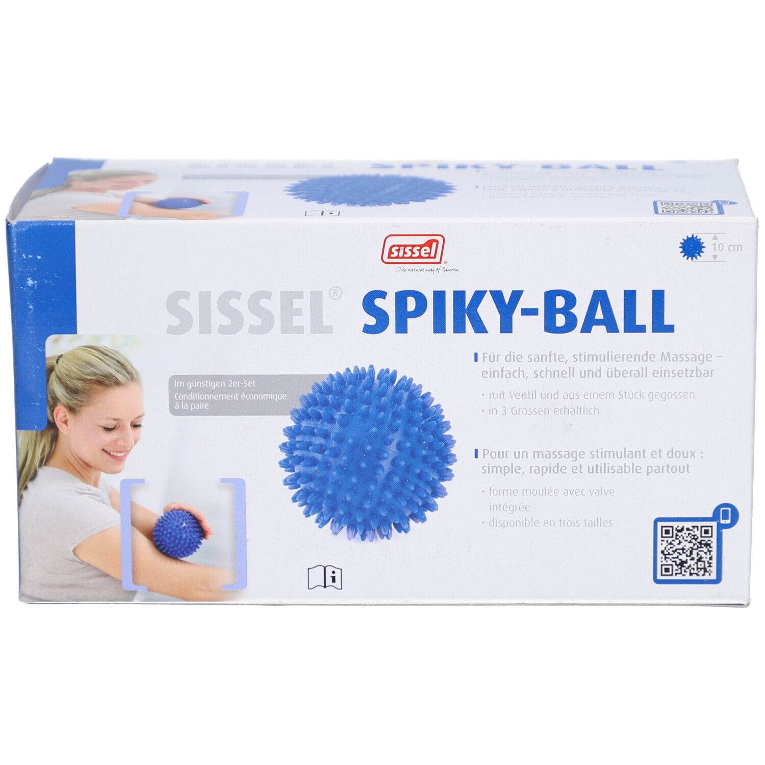 Emballage Sissel® Spiky-Ball. Balle à pointes bleue, nom et logo du produit. Texte en allemand et français. Femme avec balle illustrée.