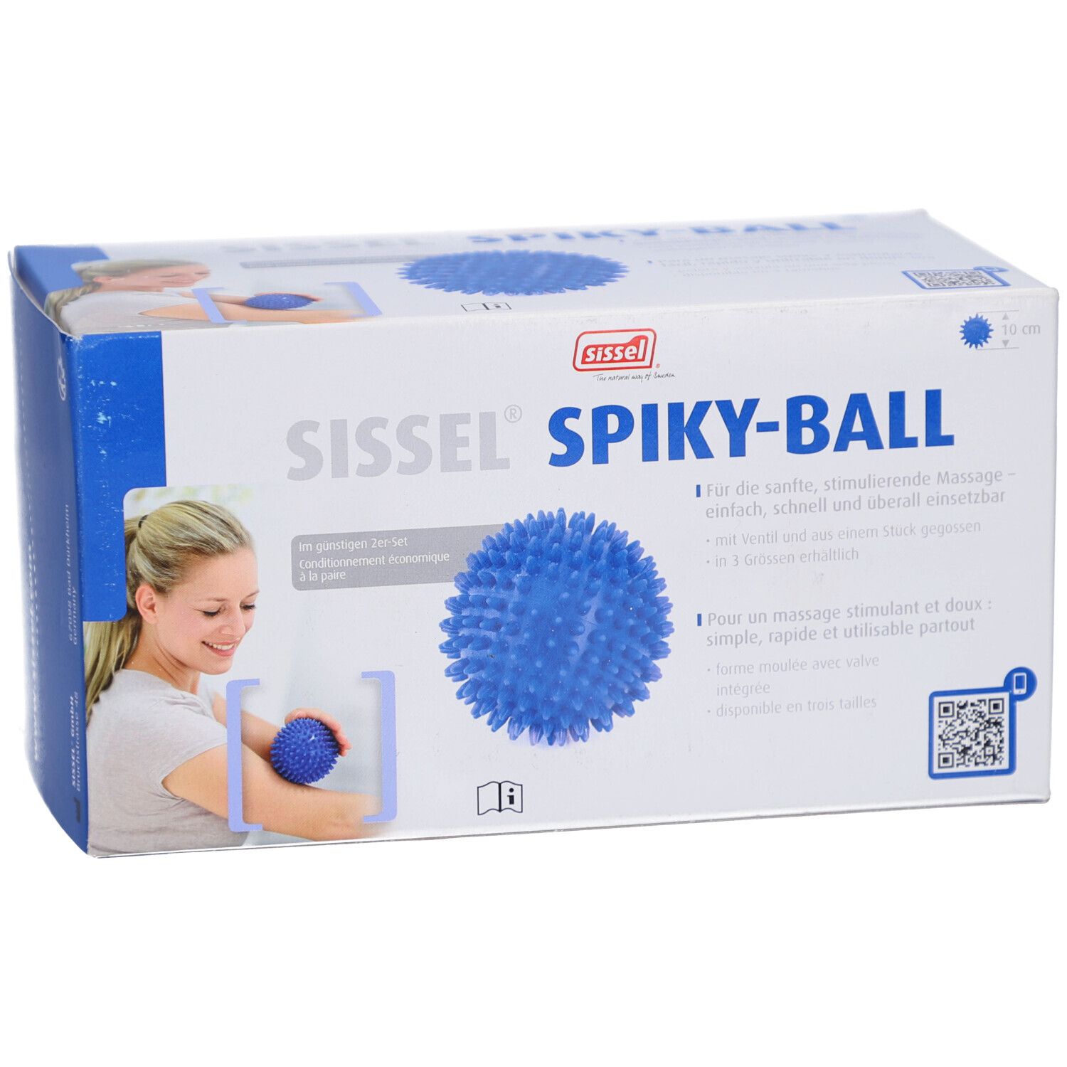 Emballage Sissel® Spiky-Ball. Balle à pointes bleue, nom et logo du produit. Texte en allemand et français. Femme avec balle illustrée.