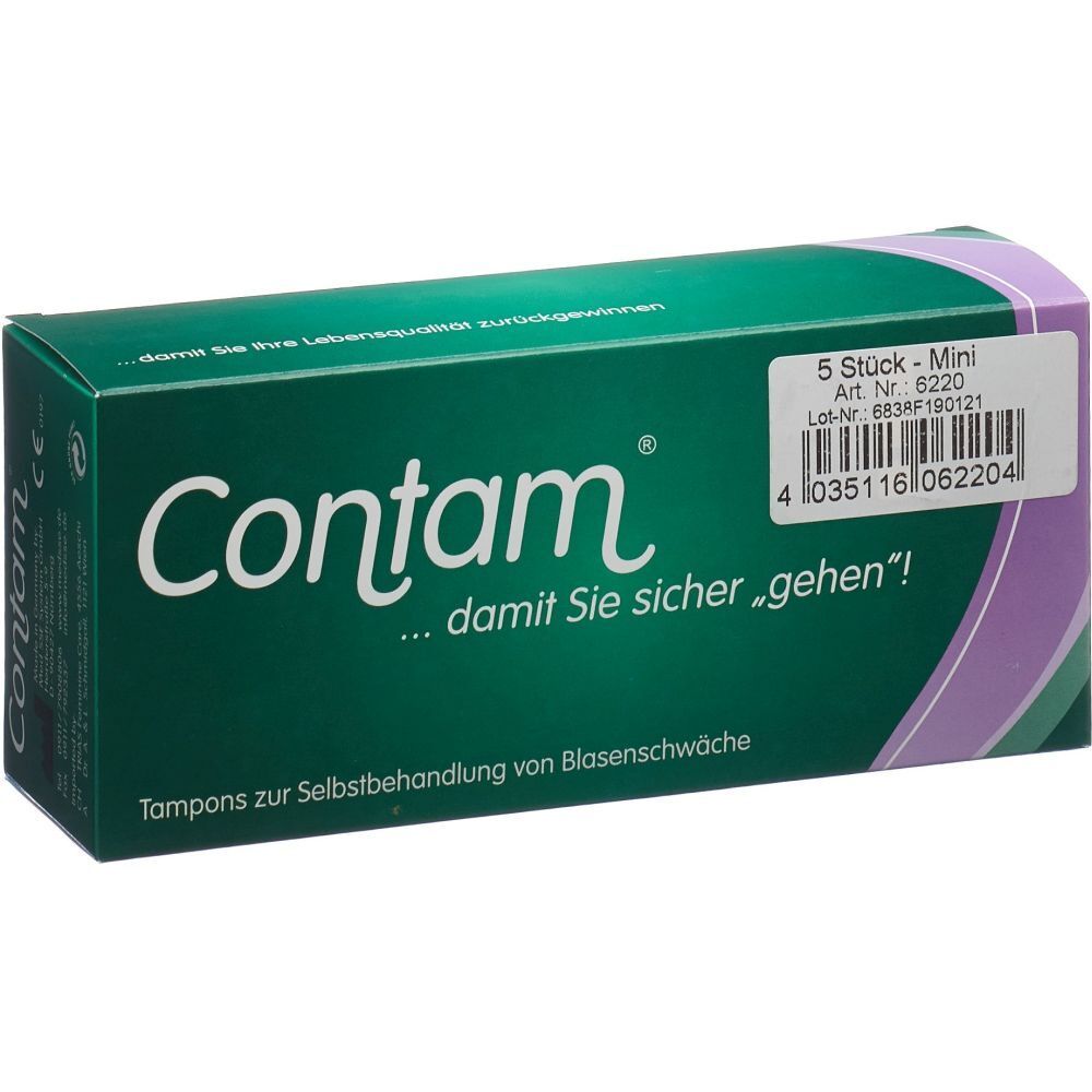 Boîte verte avec logo "Contam" et texte. Contient 5 mini-tampons. Inscriptions : Art. Nr. 6220, Lot-Nr. 8838F190121.