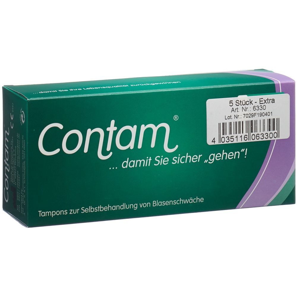 Boîte verte avec logo "Contam" et texte. Contient 5 tampons Extra. Inscriptions : Réf., N° de lot, code-barres.
