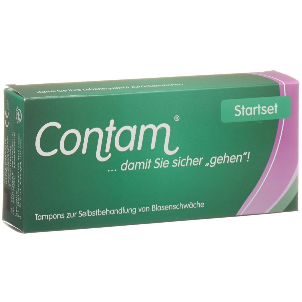 Boîte verte avec texte "Contam" en blanc. "Startset" et texte sur l'incontinence. Accent violet.