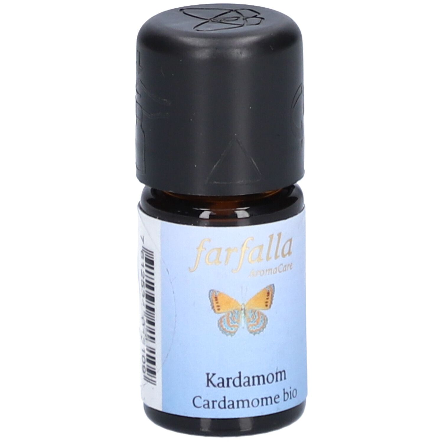 Flacon en verre brun avec bouchon noir. Étiquette avec "farfalla", papillon, "Kardamom" et "Cardamome bio".
