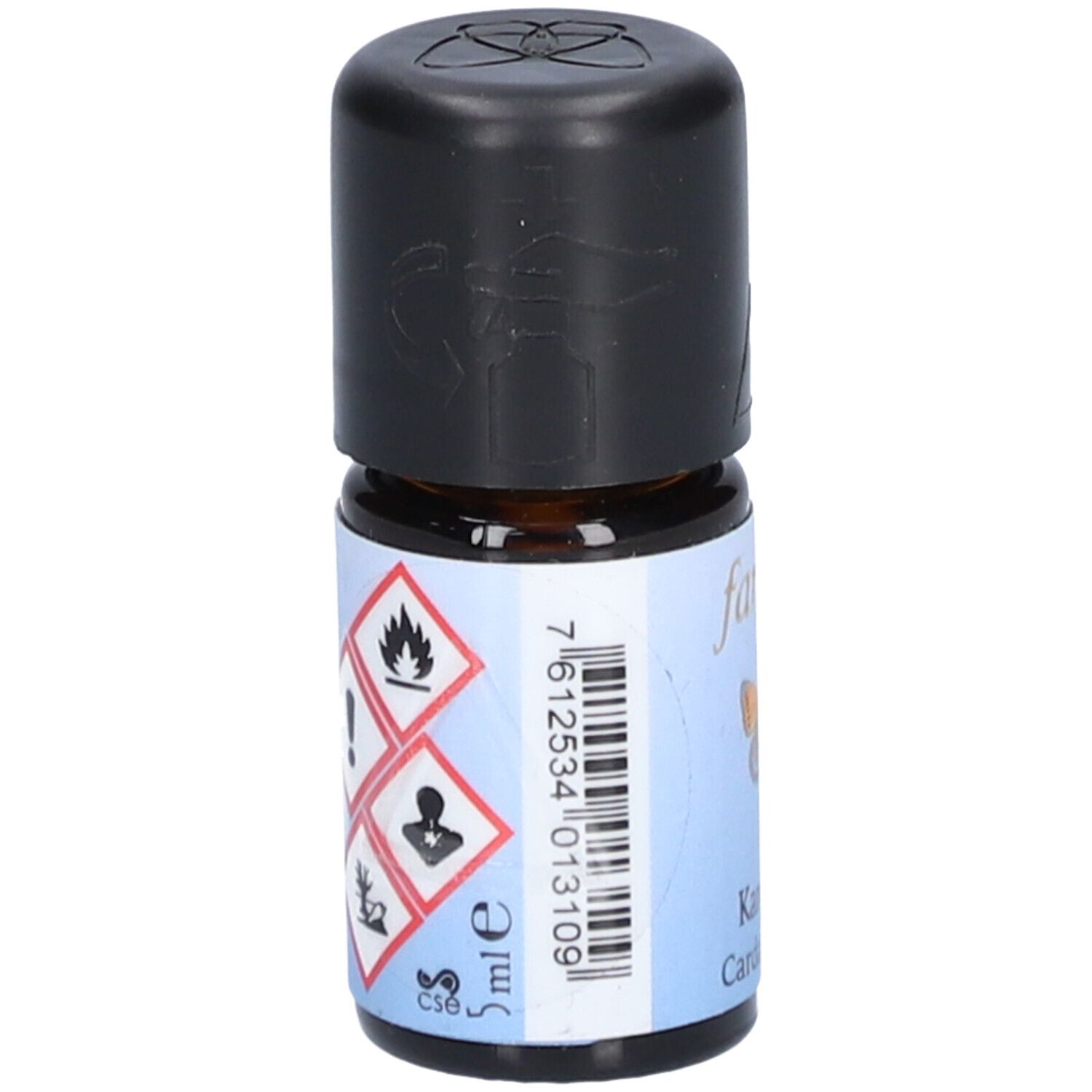 Flacon en verre brun avec bouchon noir. Étiquette avec symboles d'avertissement, code-barres et "5 ml".