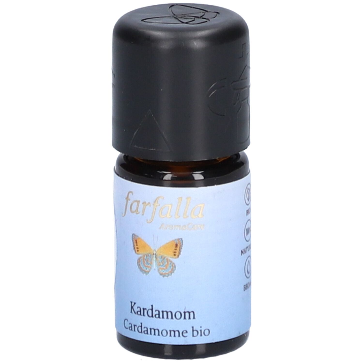Flacon en verre brun avec bouchon noir. Étiquette avec "farfalla", papillon, "Kardamom" et "Cardamome bio".