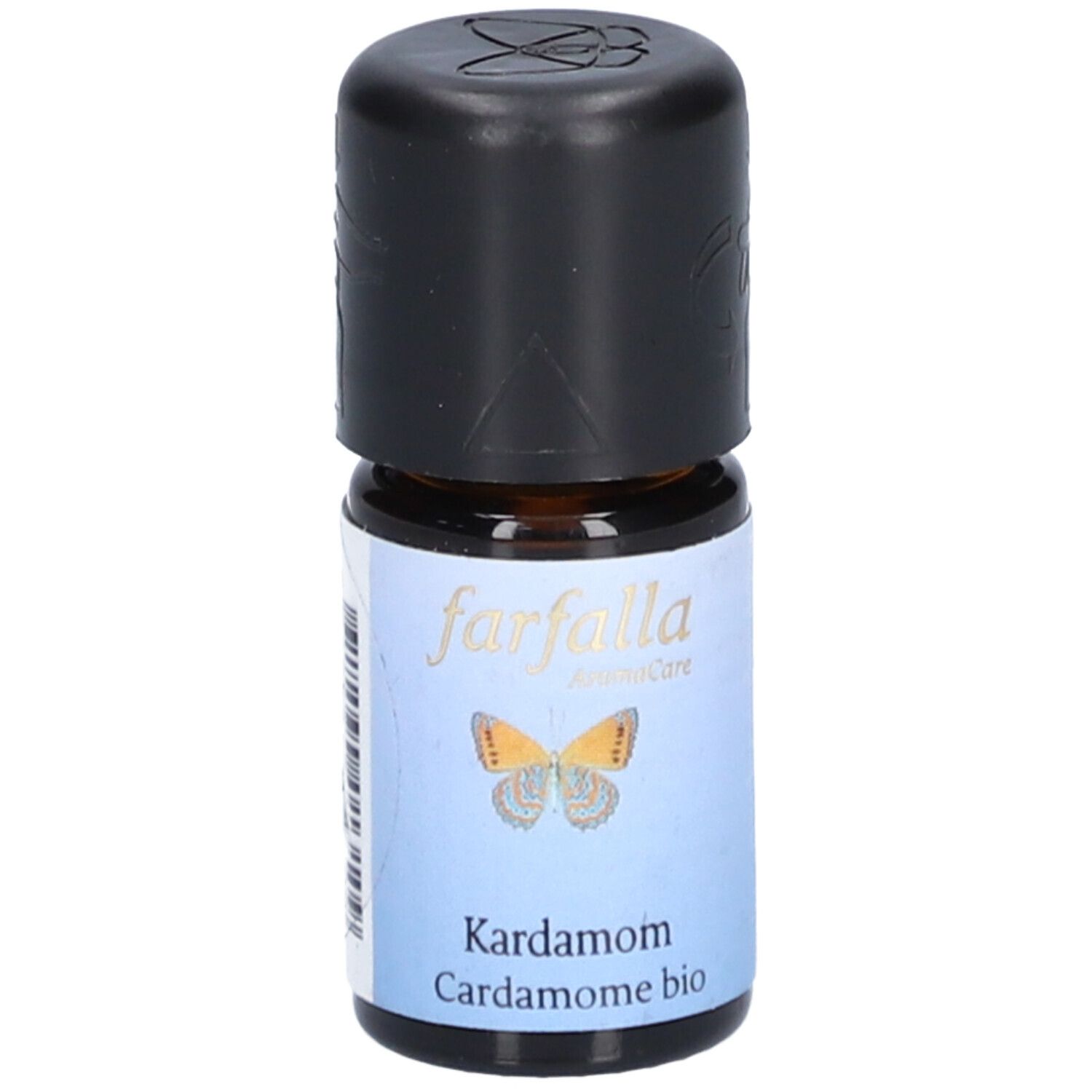 Flacon en verre brun avec bouchon noir. Étiquette avec "farfalla", papillon, "Kardamom" et "Cardamome bio".