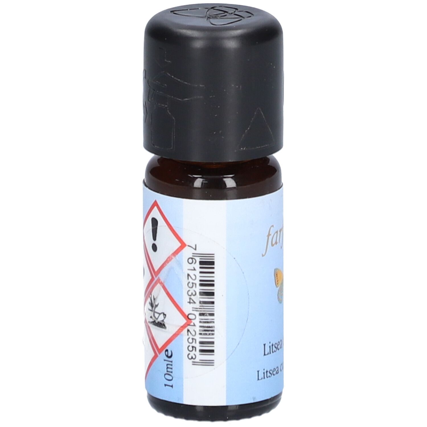 Flacon en verre brun avec bouchon noir. Étiquette avec symboles de danger et texte. Inscription "10ml".