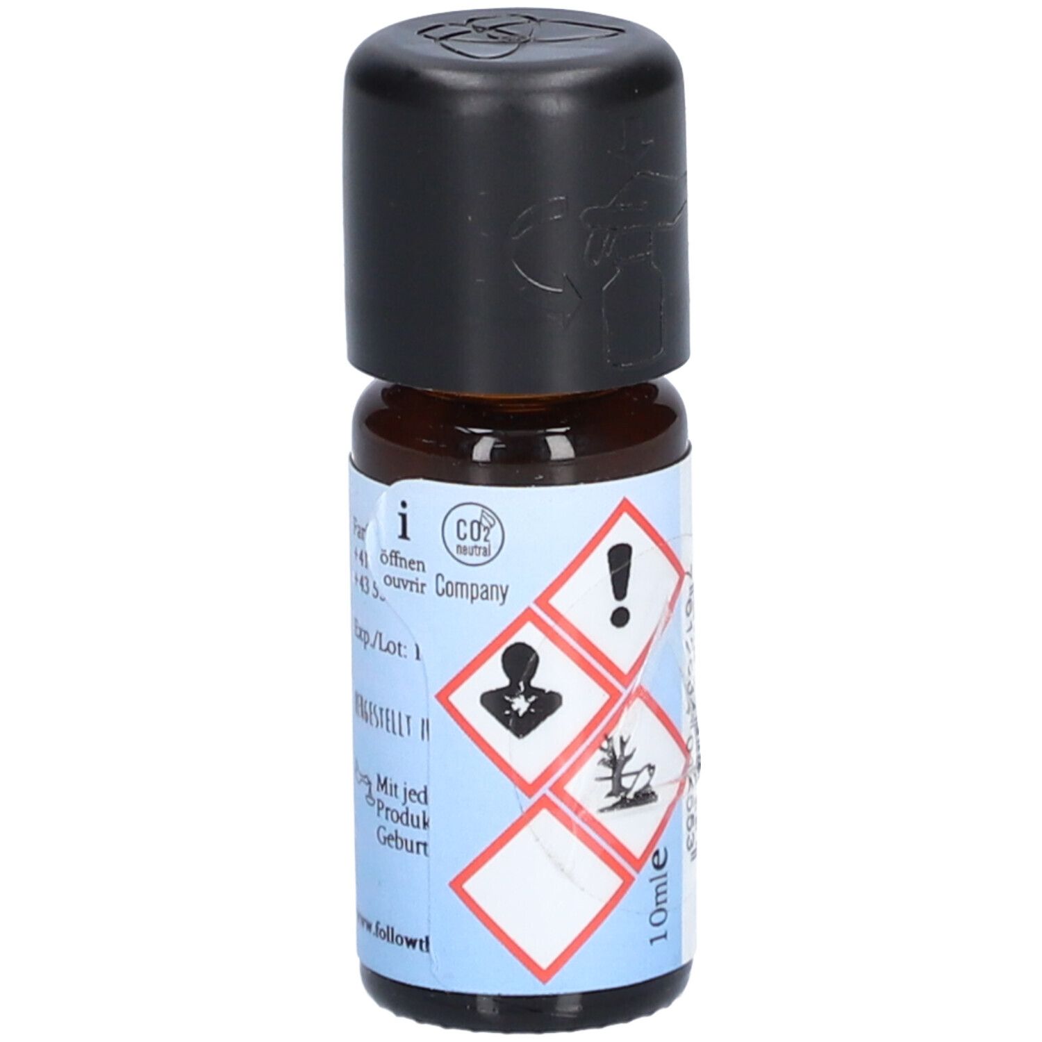 Flacon en verre brun avec bouchon noir. Étiquette avec symboles de danger, texte et inscription "10ml".