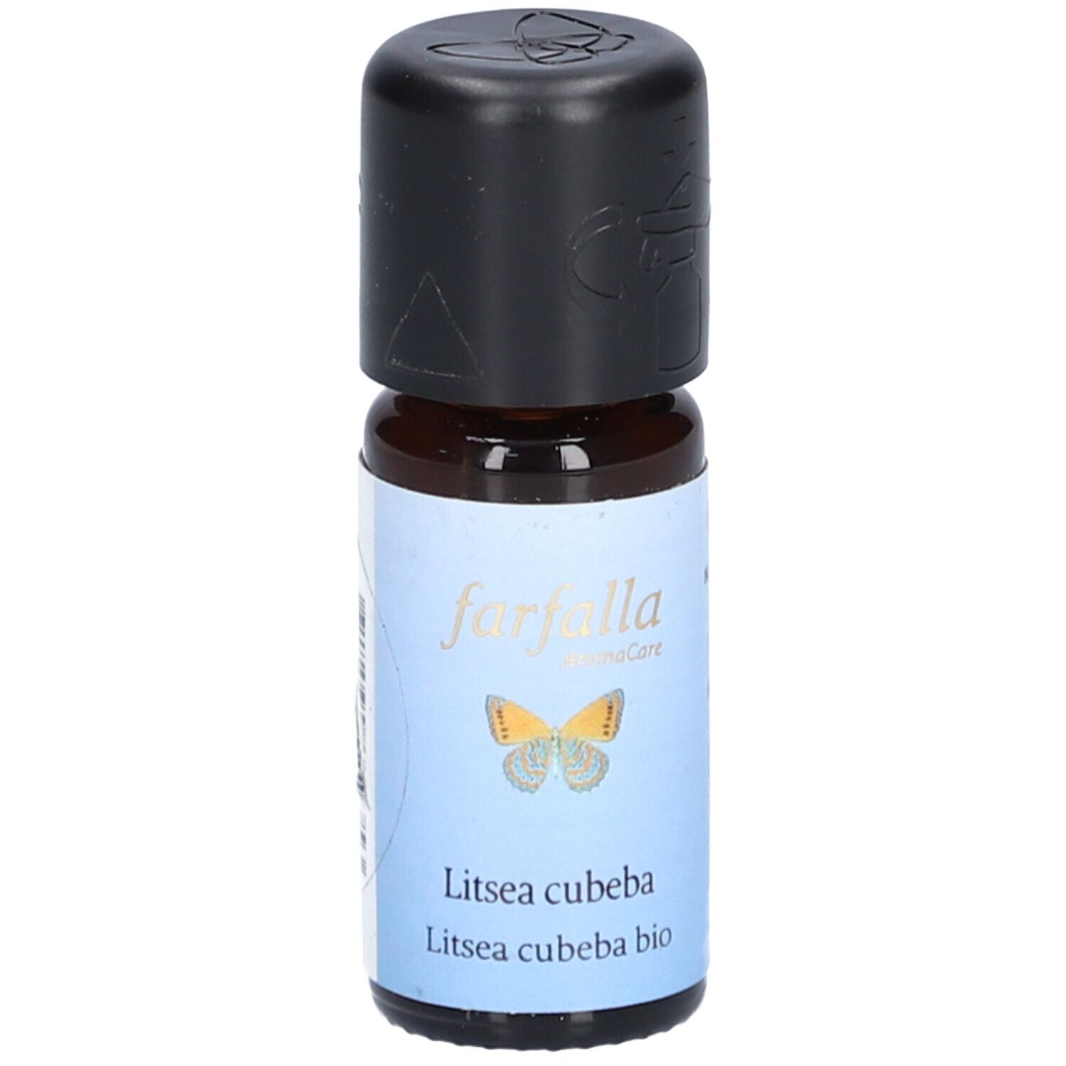 Flacon en verre brun avec bouchon noir. Étiquette avec "farfalla", papillon et "Litsea cubeba".