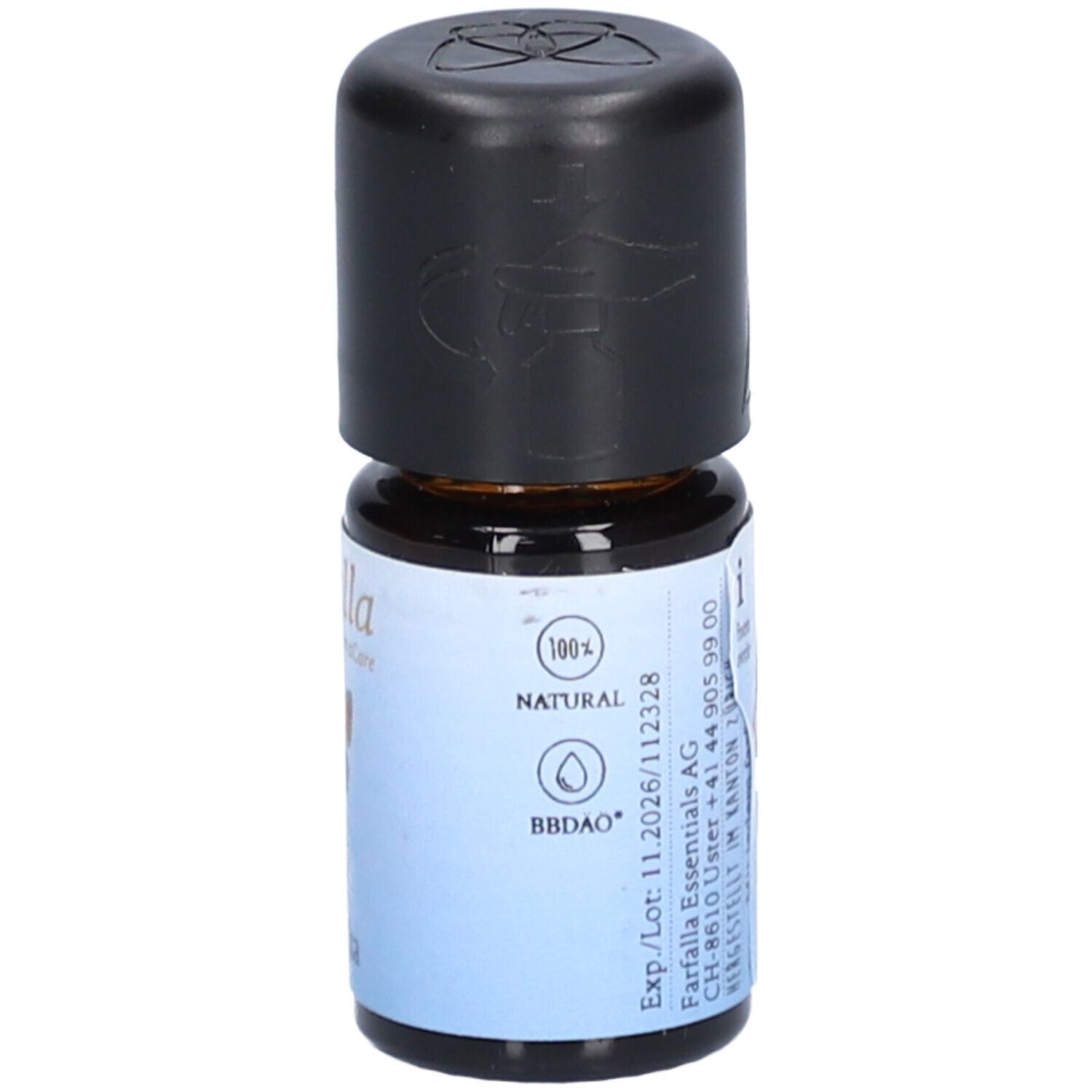 Flacon en verre brun avec bouchon noir. Étiquette avec texte "NATURAL" et label de qualité.