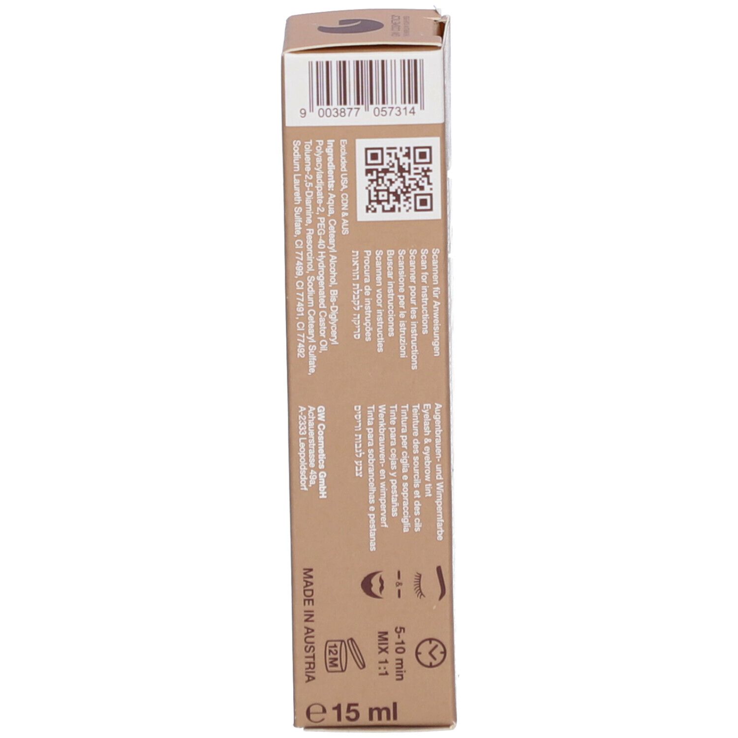 Dos de l'emballage Refectocil. Texte multilingue. Code QR. Fabriqué en Autriche. 15 ml.
