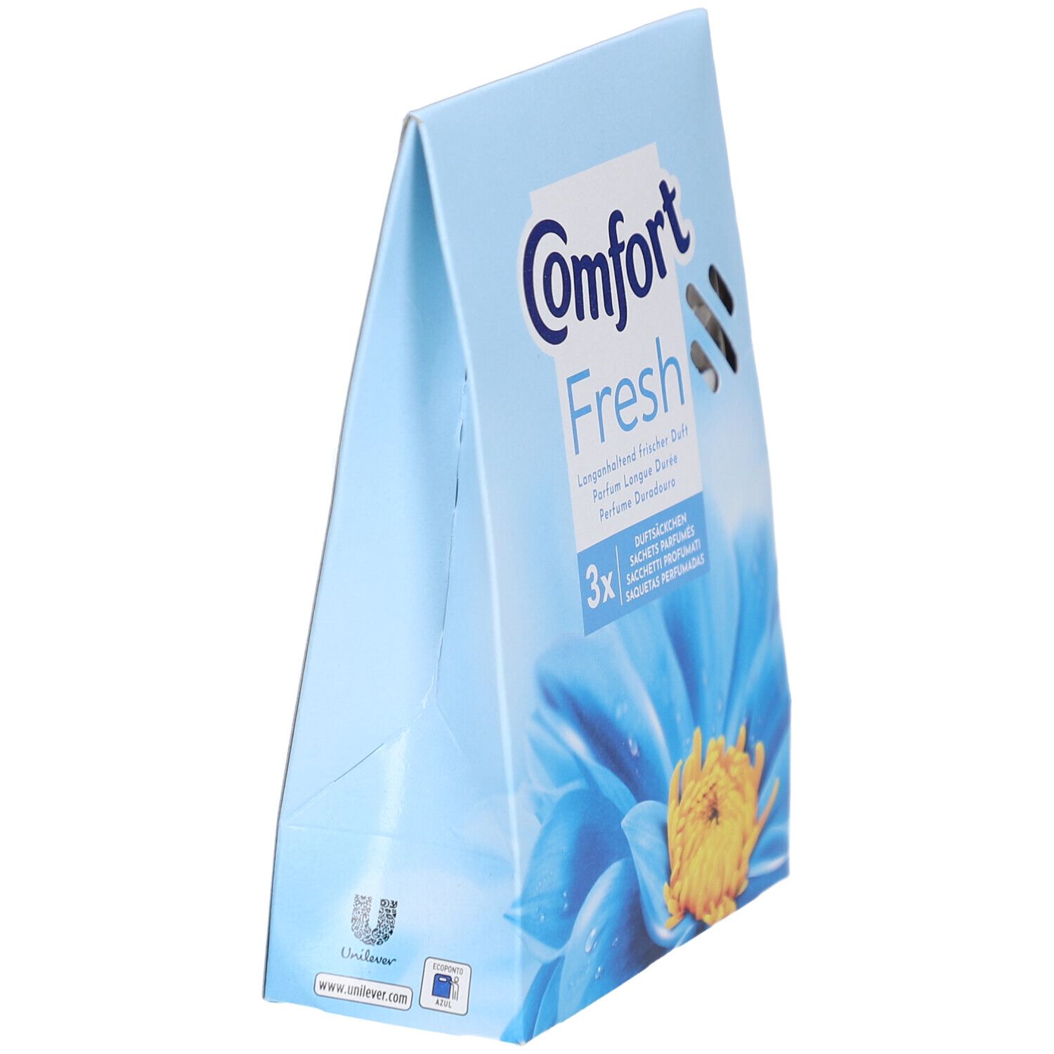Paquet bleu avec logo Comfort et textes multilingues. Inscription : Fresh Explosion, 3x. Vue oblique.