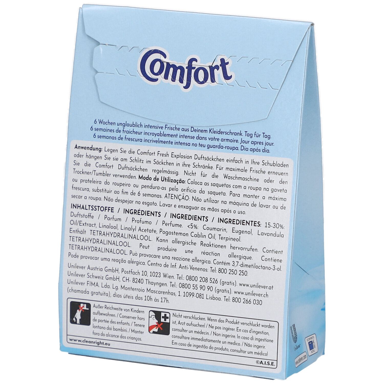 Dos du paquet bleu avec logo Comfort. Texte multilingue. Contient des instructions et des ingrédients.