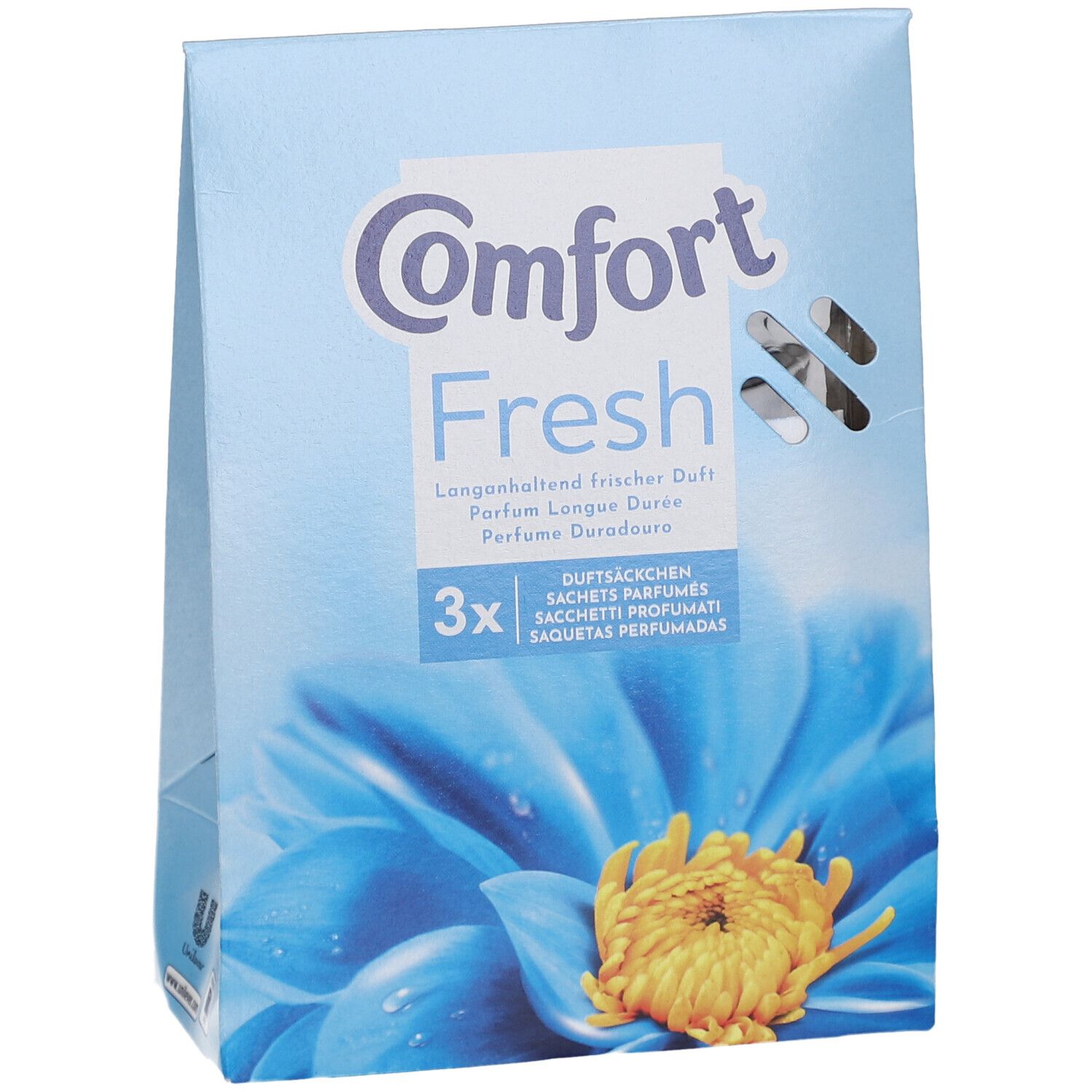 Paquet bleu avec logo Comfort et textes multilingues. Inscription : Fresh Explosion, 3x. Vue oblique.