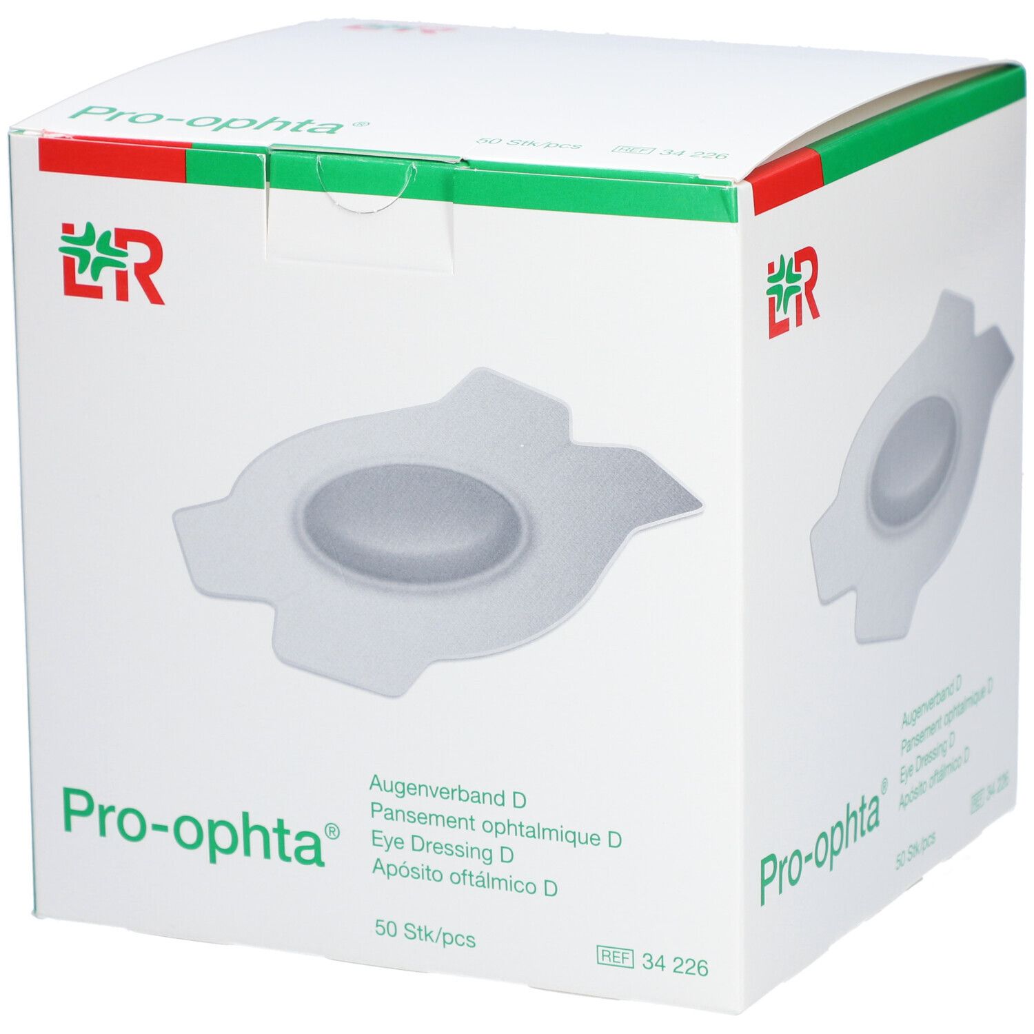 Boîte de Pro-ophta Augenpflaster D. Boîte blanche avec image du produit et texte. 50 pièces.