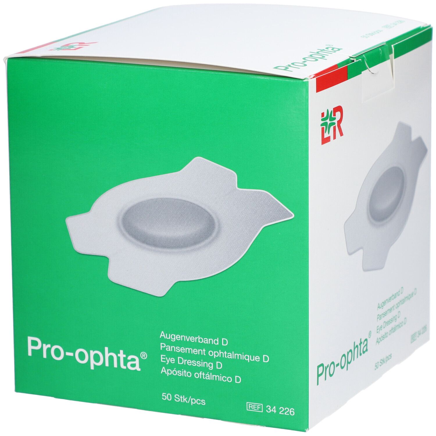 Boîte de Pro-ophta Augenpflaster D. Boîte blanche avec image du produit et texte. 50 pièces.