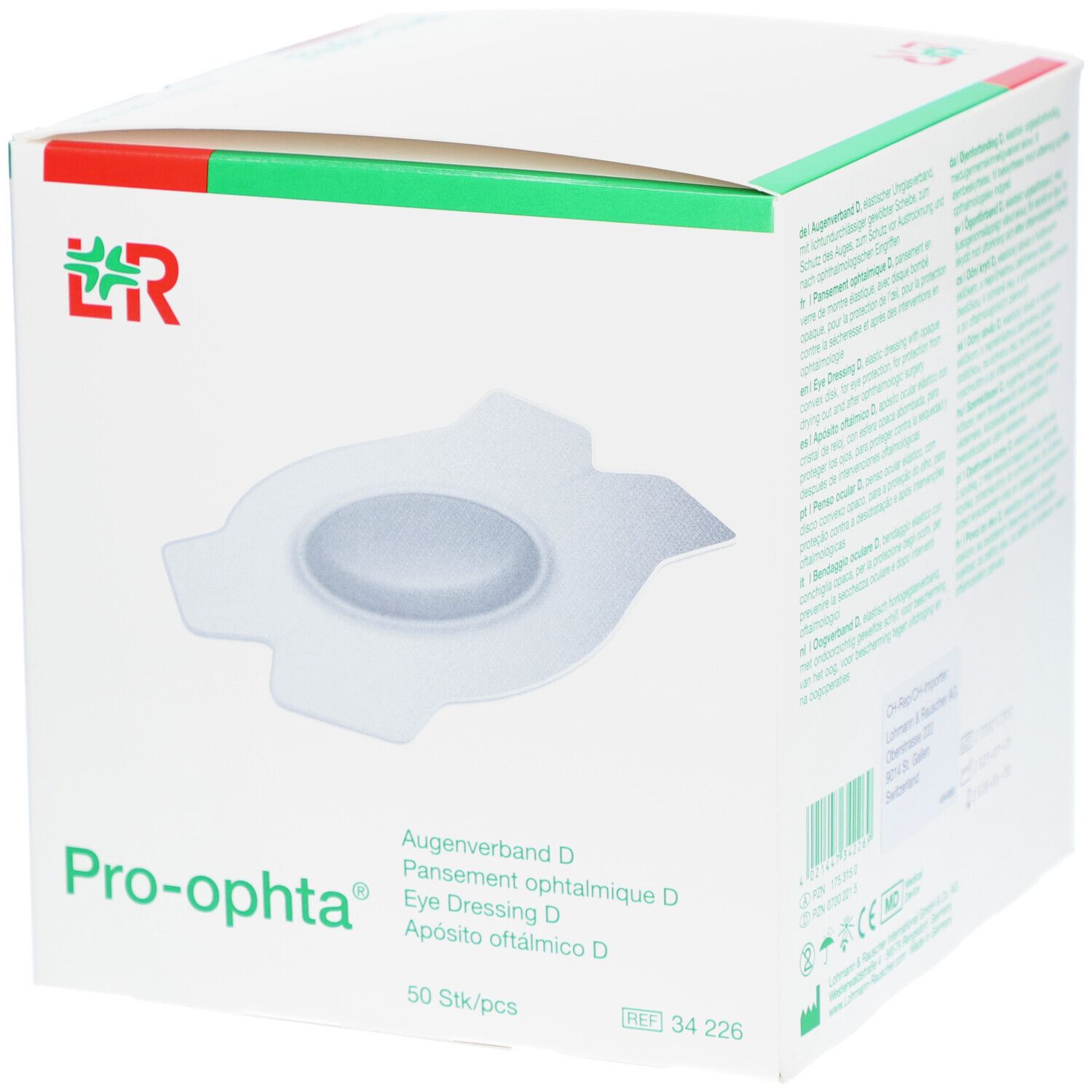 Boîte de Pro-ophta Augenpflaster D. Boîte blanche avec image du produit et texte. 50 pièces.