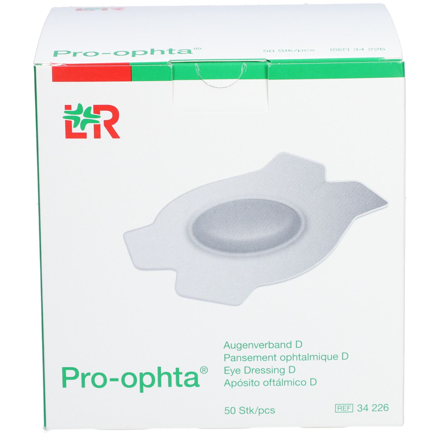 Boîte de Pro-ophta Augenpflaster D. Boîte blanche avec image du produit et texte. 50 pièces.