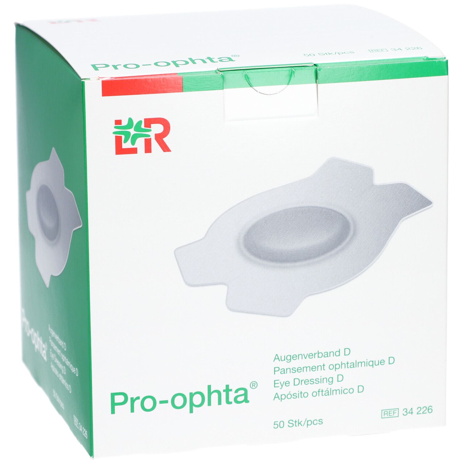 Boîte de Pro-ophta Augenpflaster D. Boîte blanche avec image du produit et texte. 50 pièces.