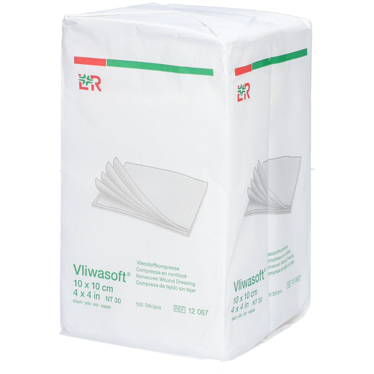 Emballage de compresses non tissées 10 x 10 cm. Inscription : Vliwasoft, 100 pièces, NT 30.