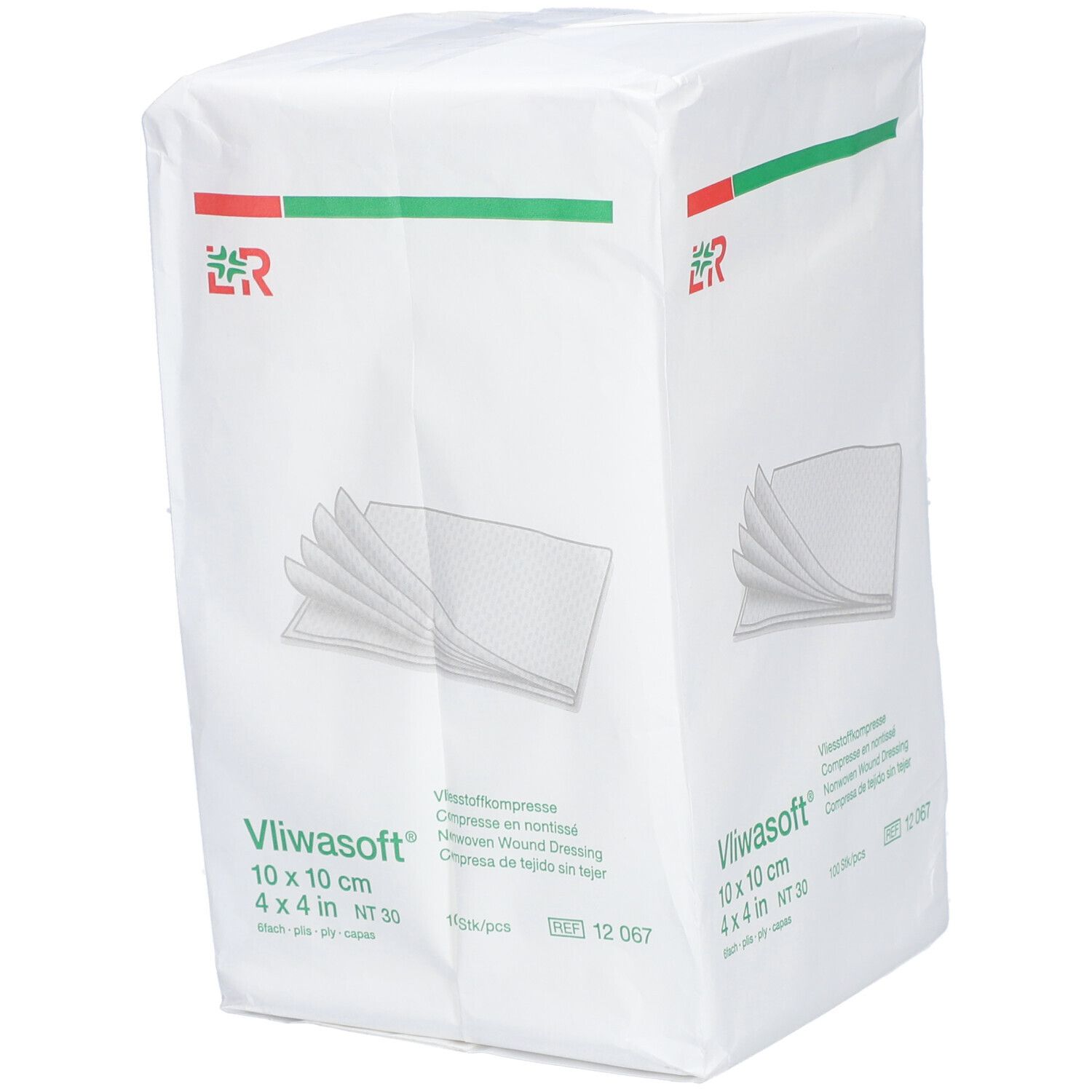 Emballage de compresses non tissées 10 x 10 cm. Inscription : Vliwasoft, 100 pièces, NT 30.