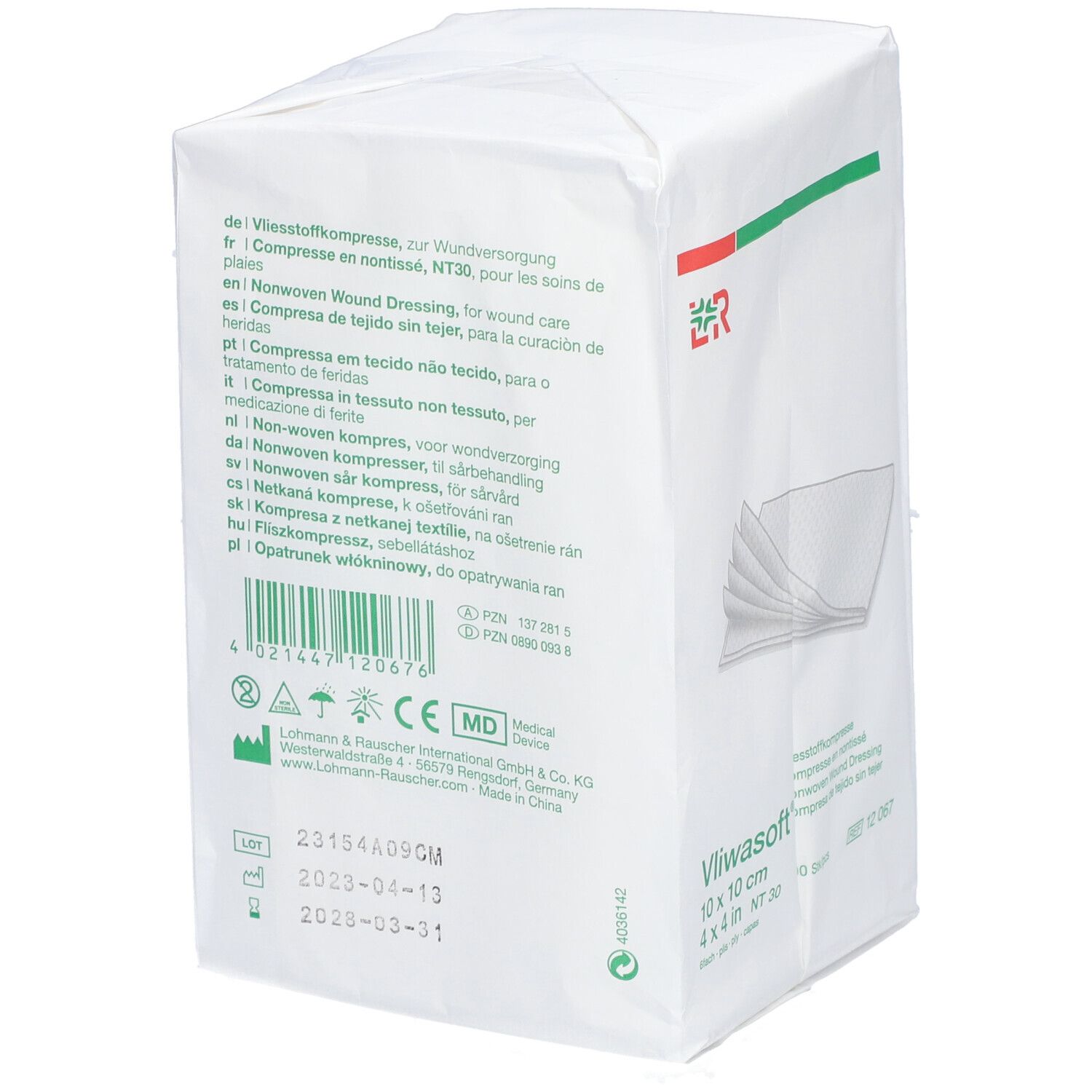 Emballage de compresses non tissées. Inscription : Vliwasoft, 10 x 10 cm, 100 pièces. Marquage CE.