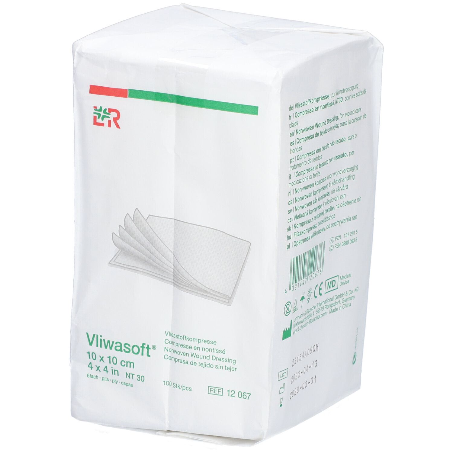 Emballage de compresses non tissées 10 x 10 cm. Inscription : Vliwasoft, 100 pièces, NT 30.