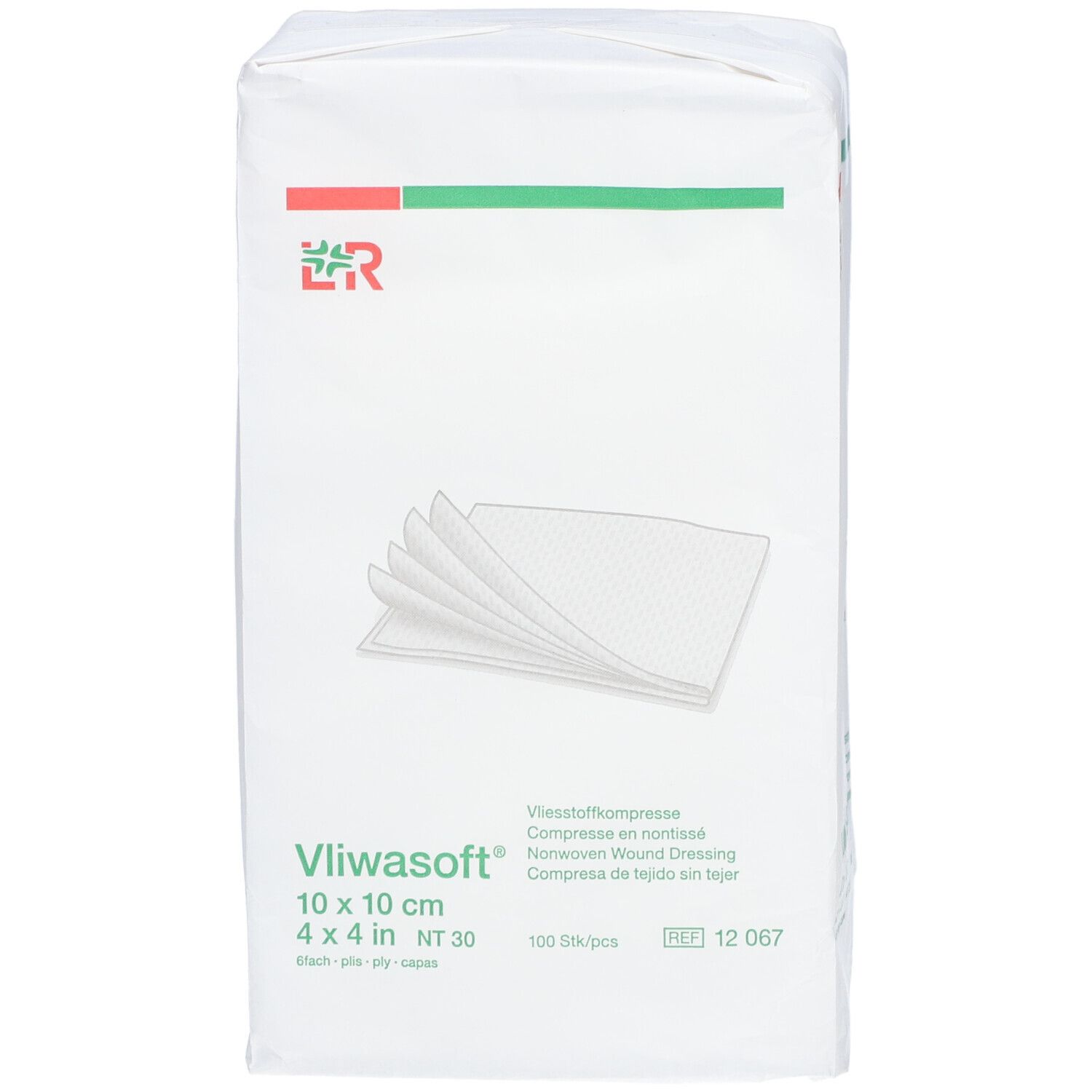 Emballage de compresses non tissées 10 x 10 cm. Inscription : Vliwasoft, 100 pièces, NT 30.
