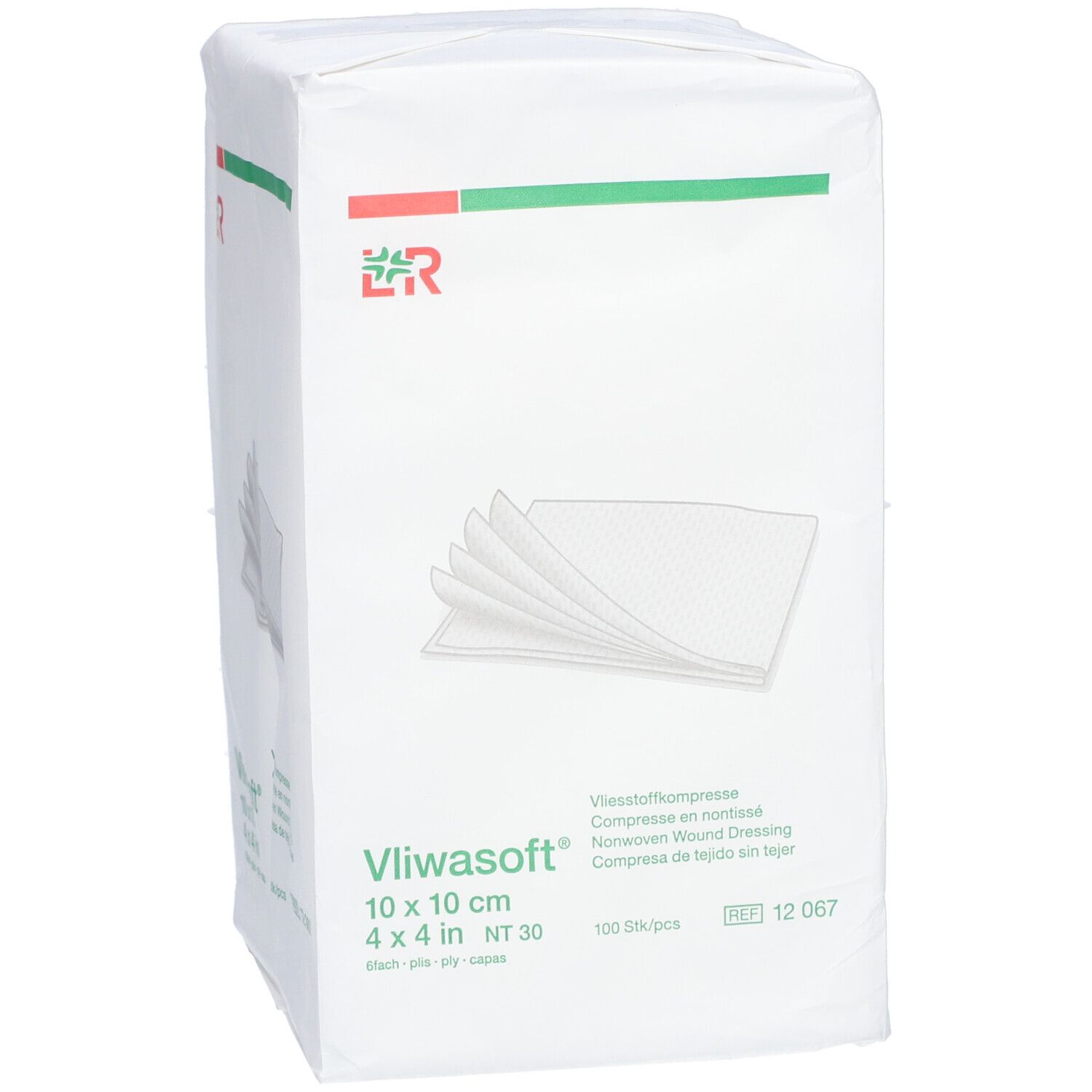 Emballage de compresses non tissées 10 x 10 cm. Inscription : Vliwasoft, 100 pièces, NT 30.